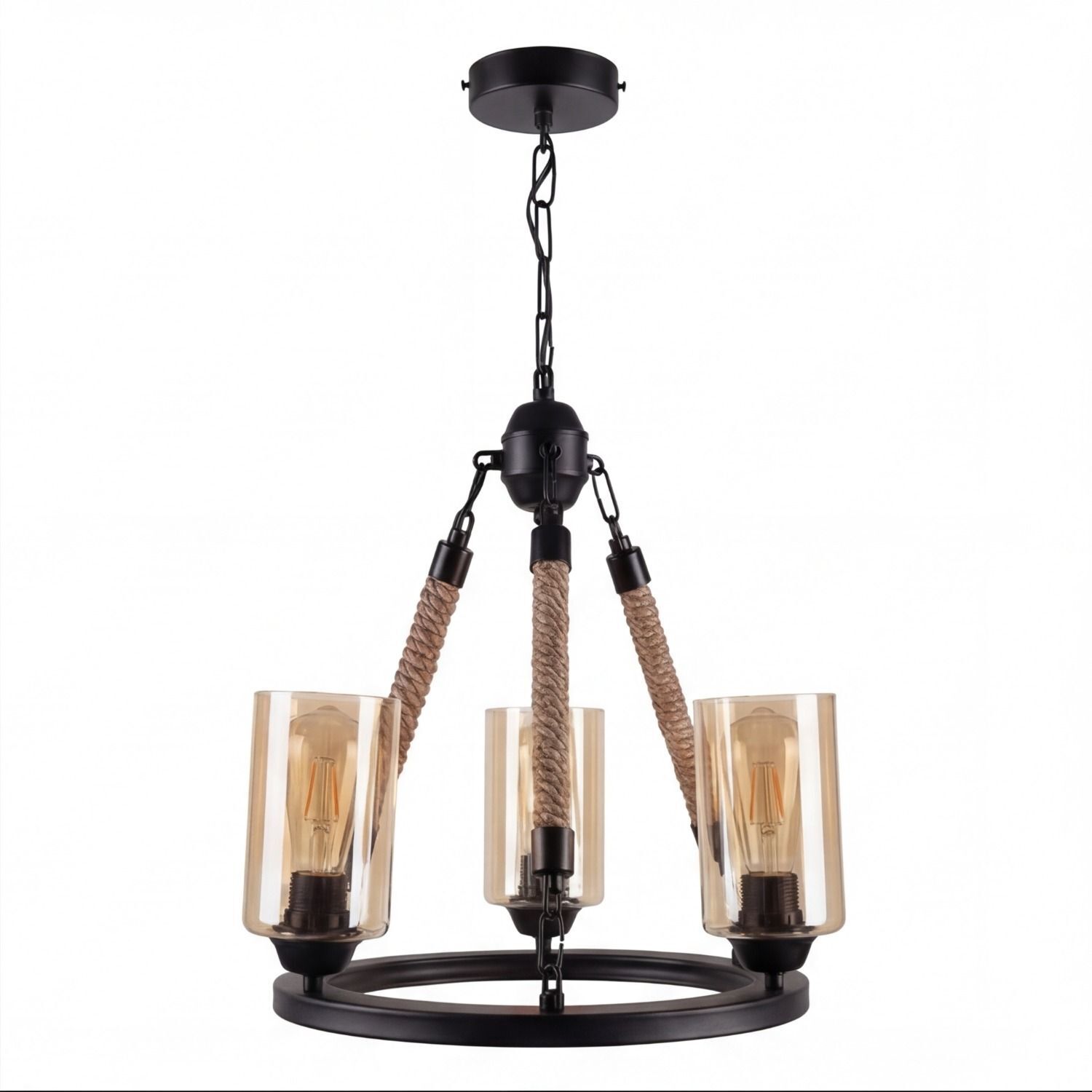 Kronleuchter Metall Rauchglas E27 B: 45 cm 3-flammig Hängeleuchte, Drei-Lampen, Retro, Rope-Design, Edison-Glühbirnen