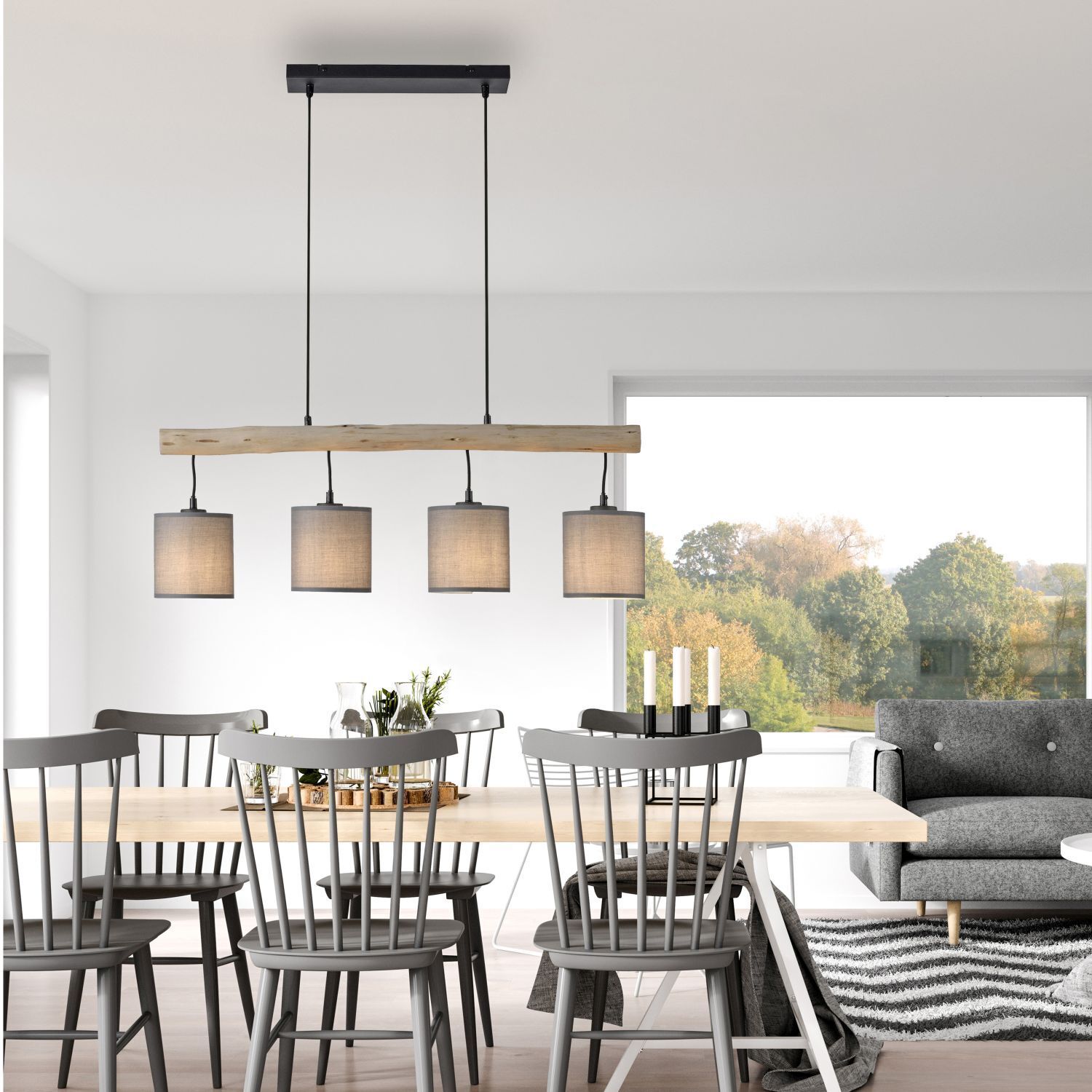 Blendarme Hängelampe Holzbalken Stoff 82,5 cm lang Esszimmer, Esstisch, Tisch, Innenarchitektur, Stuhl