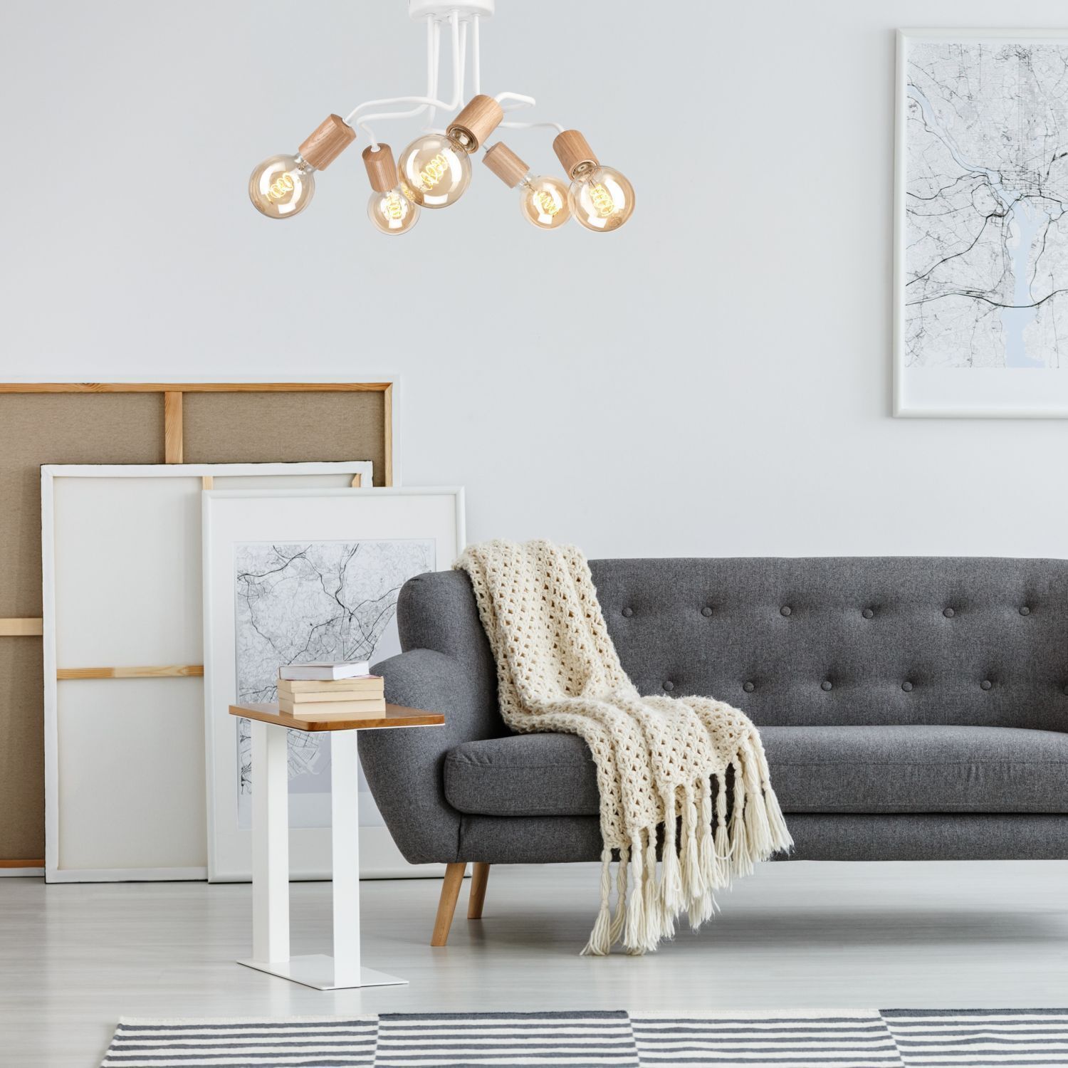 Deckenlampe Metall Holz Weiß 5-flammig E27 B: 44 cm Retro Dekoration für Zuhause, Lampe, Couch, Mobiliar, Malerei