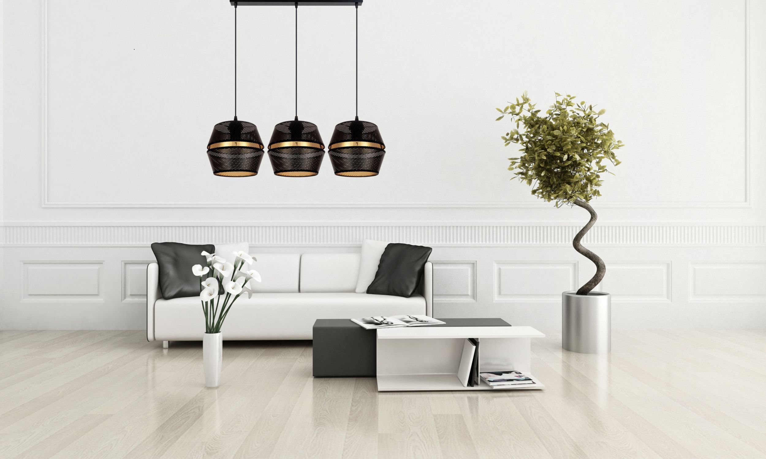 Hängelampe Metall Schwarz Gold E27 70 cm lang 3-flammig Innenarchitektur, Pflanze, Pflanze im Topf, Tabelle, Wohnzimmer