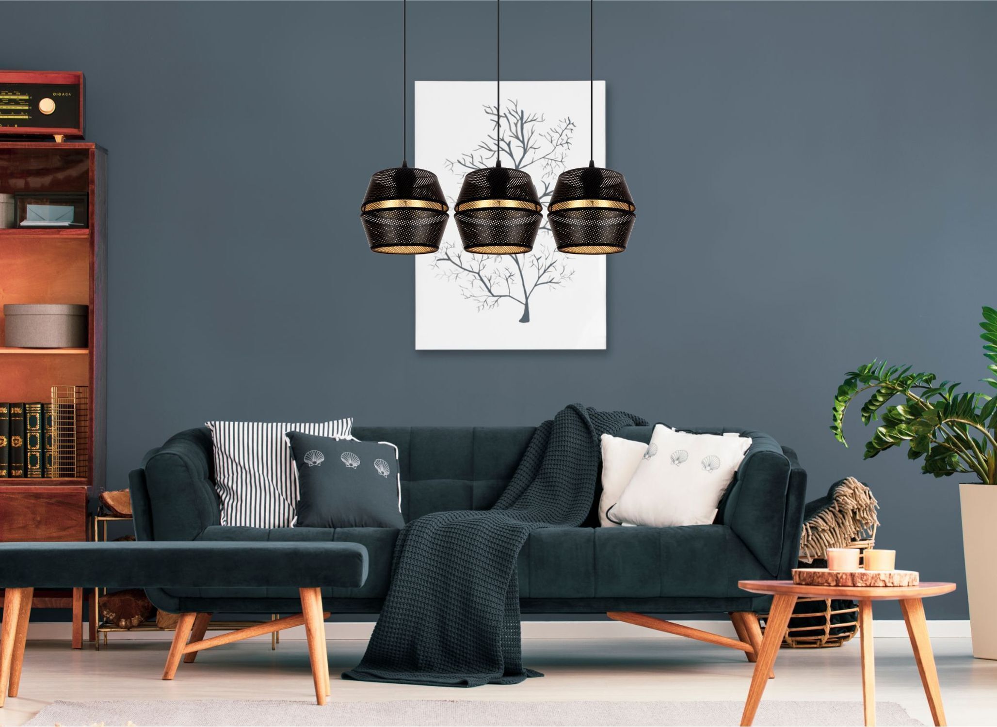 Hängelampe Metall Schwarz Gold E27 70 cm lang 3-flammig Couch, Mobiliar, Inneneinrichtung, Innenarchitektur, Wohnzimmer