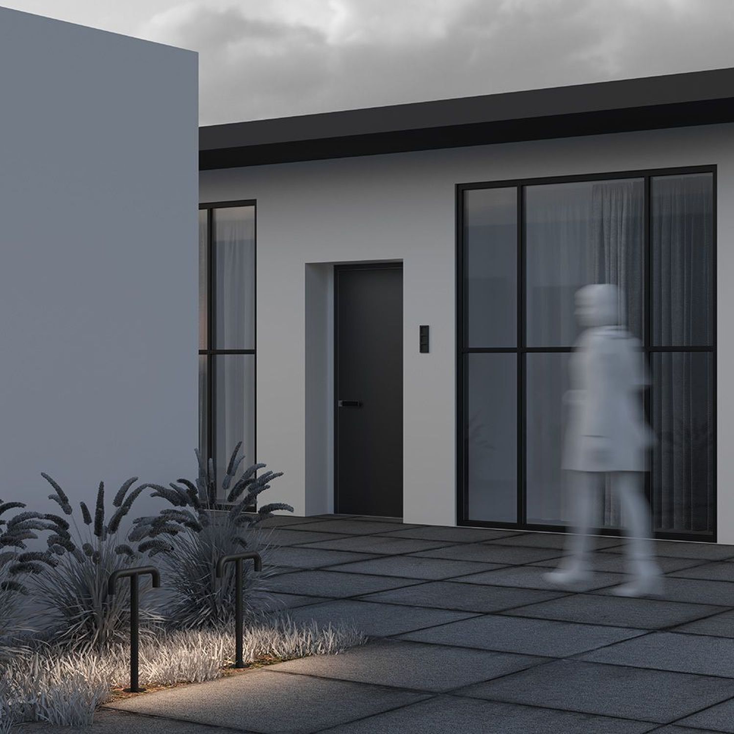 haus, terrasse, front door, glasfront, pflanzen