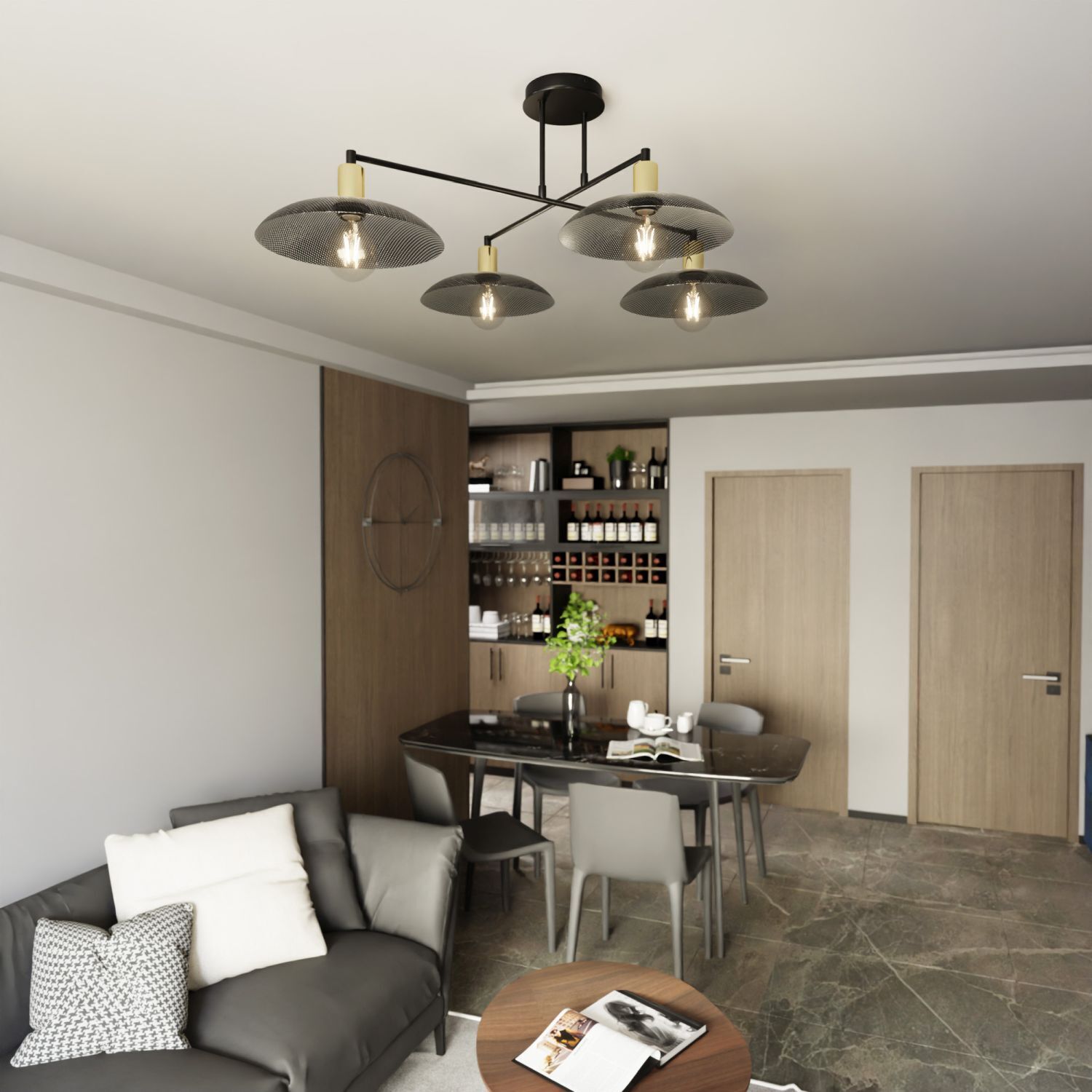Plafonnier grand 100 cm de long en noir or 4x E27 métal Drinnen, Innenarchitektur, Wohnzimmer, Tabelle, Stuhl