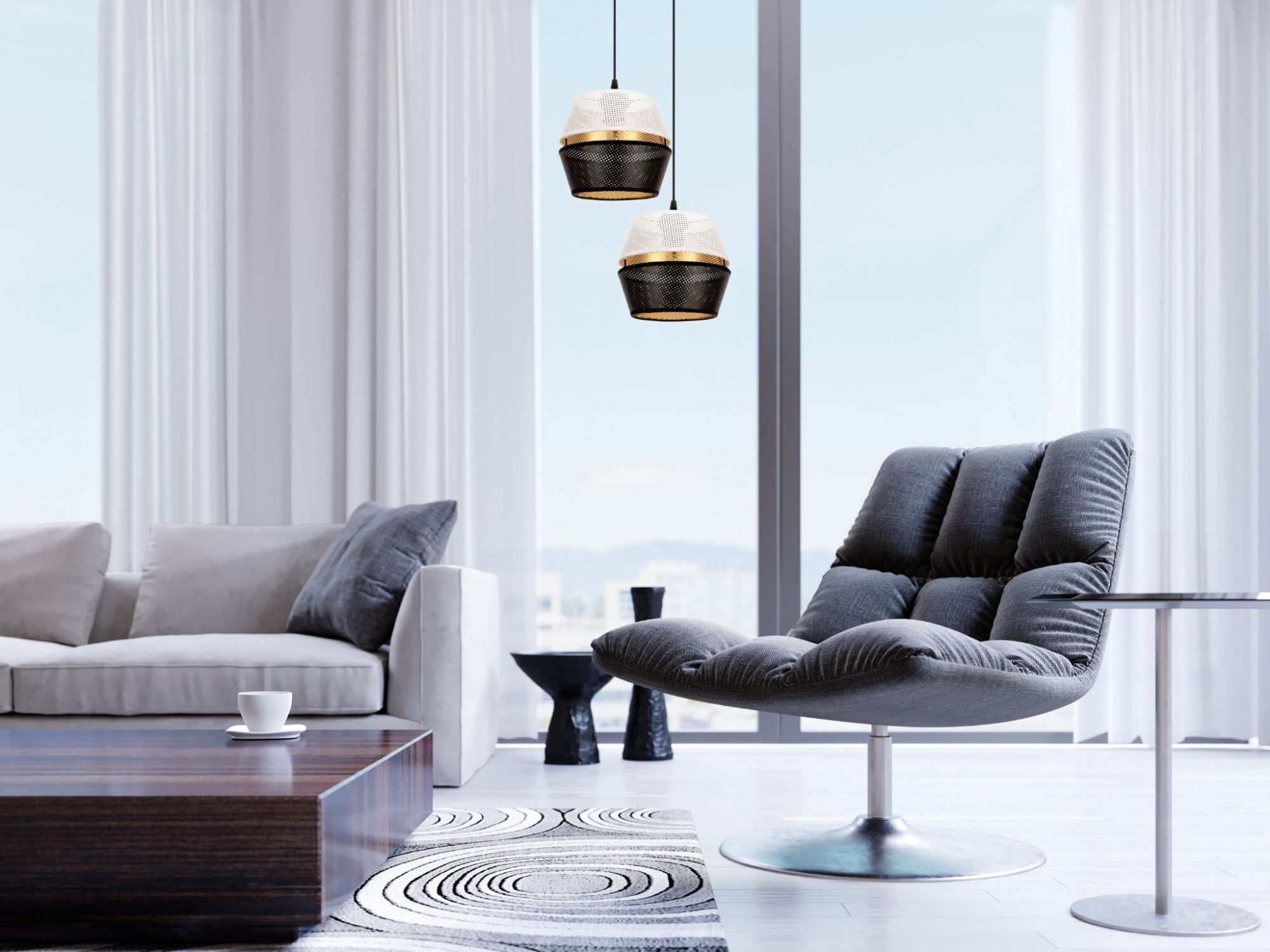 Lampe à suspendre noir blanc or métal 2flmg L:40 cm E27 Moebel, Inneneinrichtung, Wohnzimmer, Stuhl, Tasse