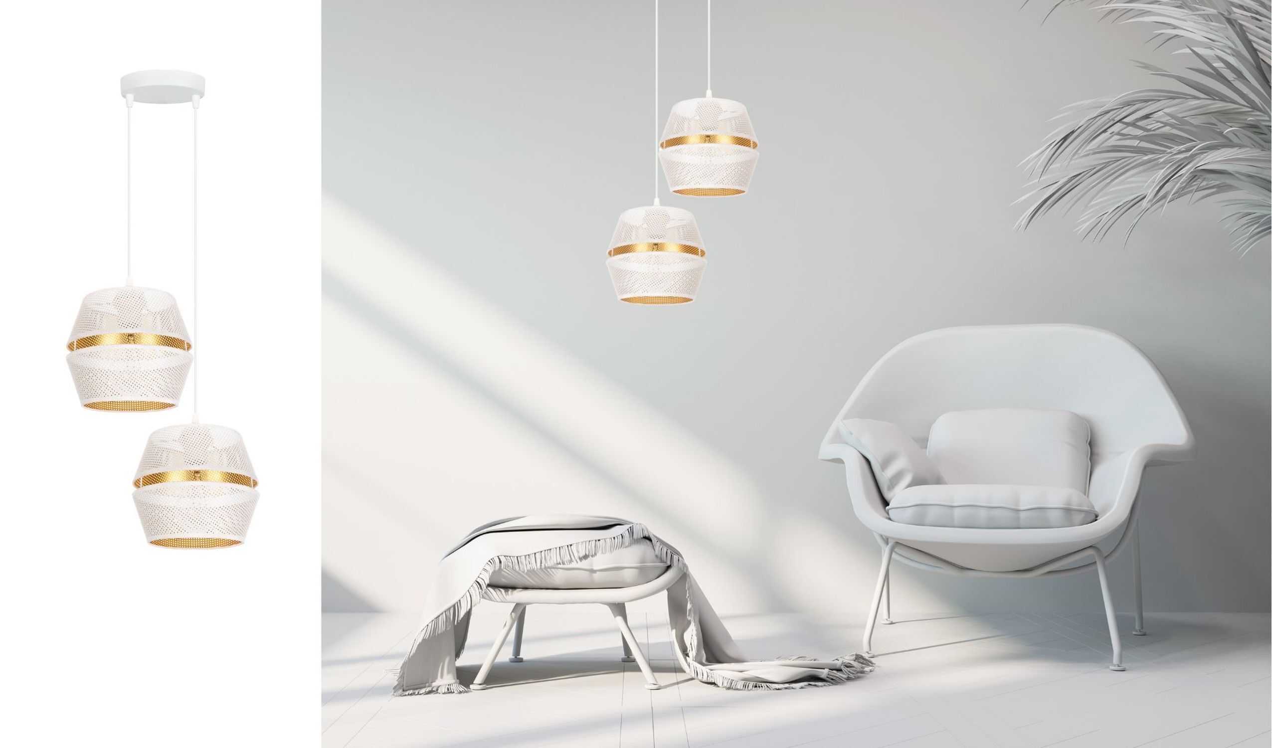 Suspension blanc or métal 2 flammes L:40 cm E27 Lampe, Stuhl, Mobiliar