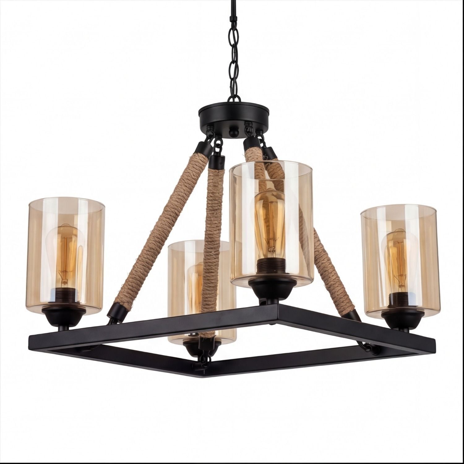 Kronleuchter Metall Rauchglas E27 B: 40 cm 4-flammig Hängeleuchte, Vierer-Lampenschirm, Rope-Dasht, Metallrahmen, Edison-Glühbirnen