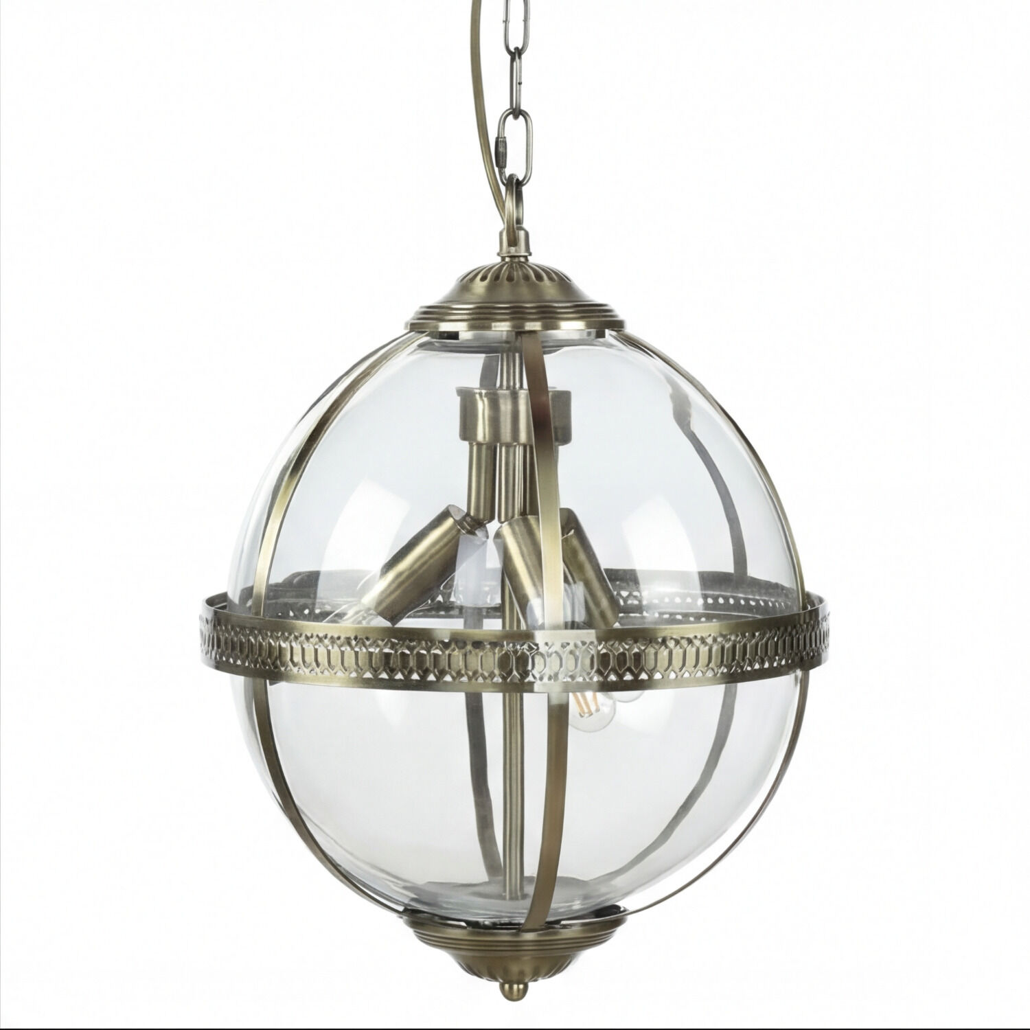 Pendelleuchte Kugel Ø 32 cm 3x E14 in Messing antik Jugendstil Kugelpendel, Glaskugel, Hängeleuchte, Metallrahmen, Kette