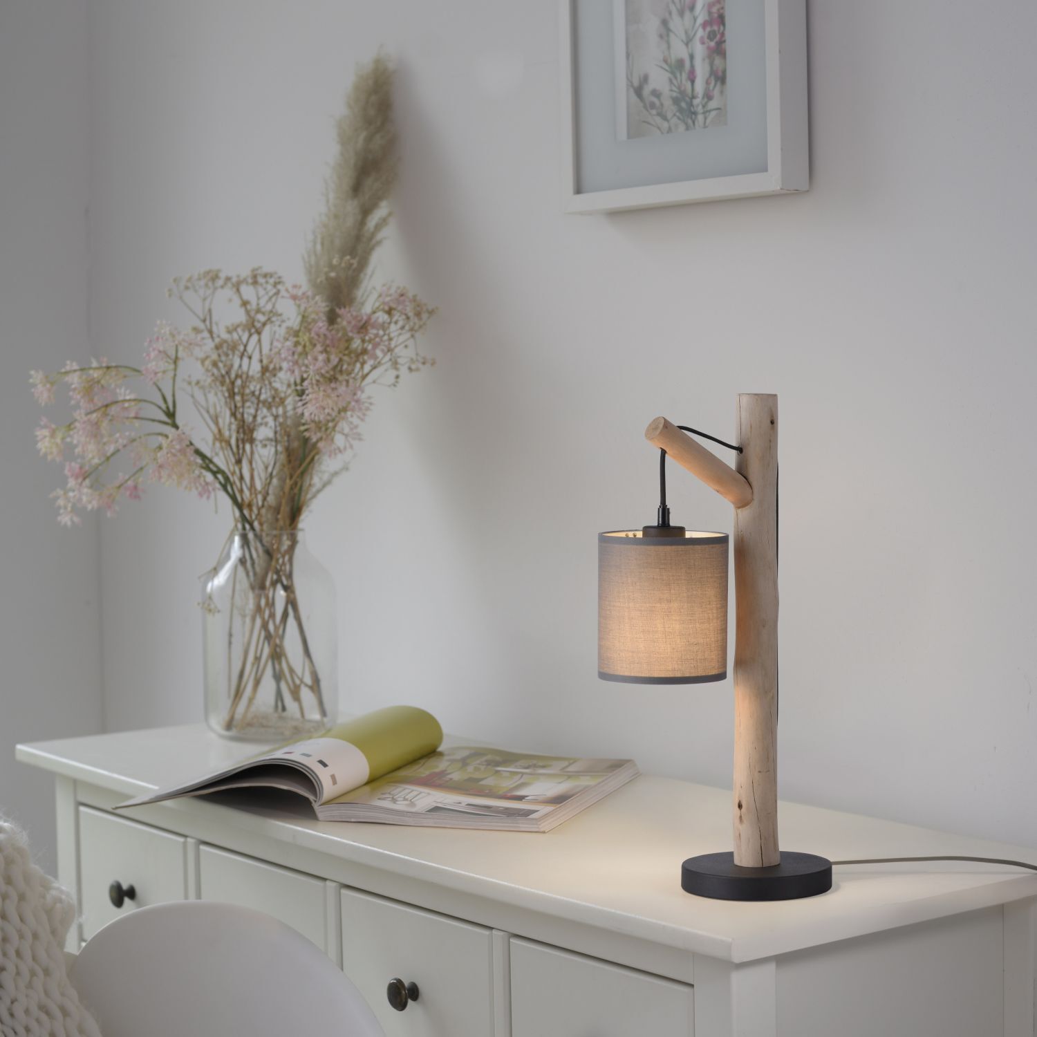 Lampe de table confortable Abat-jour en tissu Bois H:52,5 cm