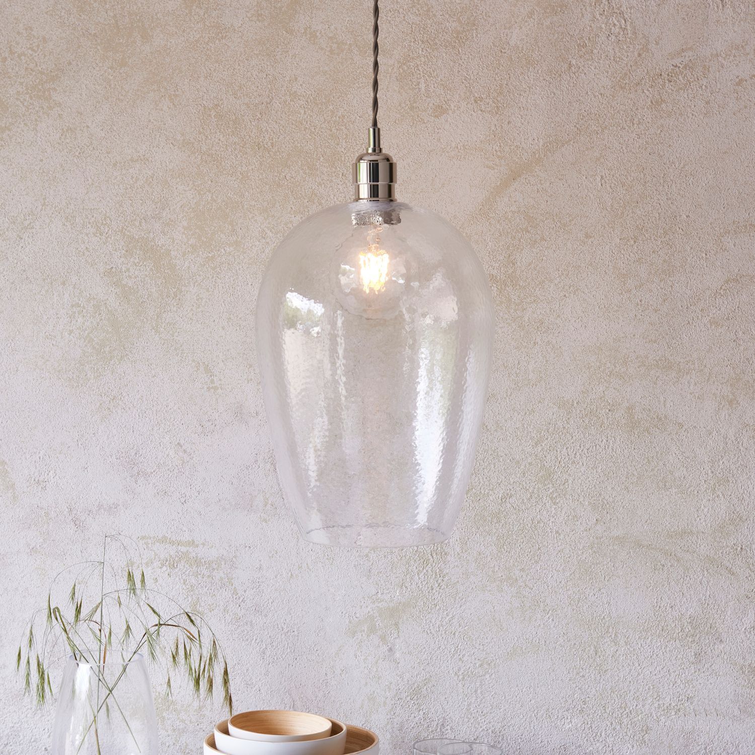 Lampe à suspendre E27 verre métal Ø 25 cm étroit nickel brillant