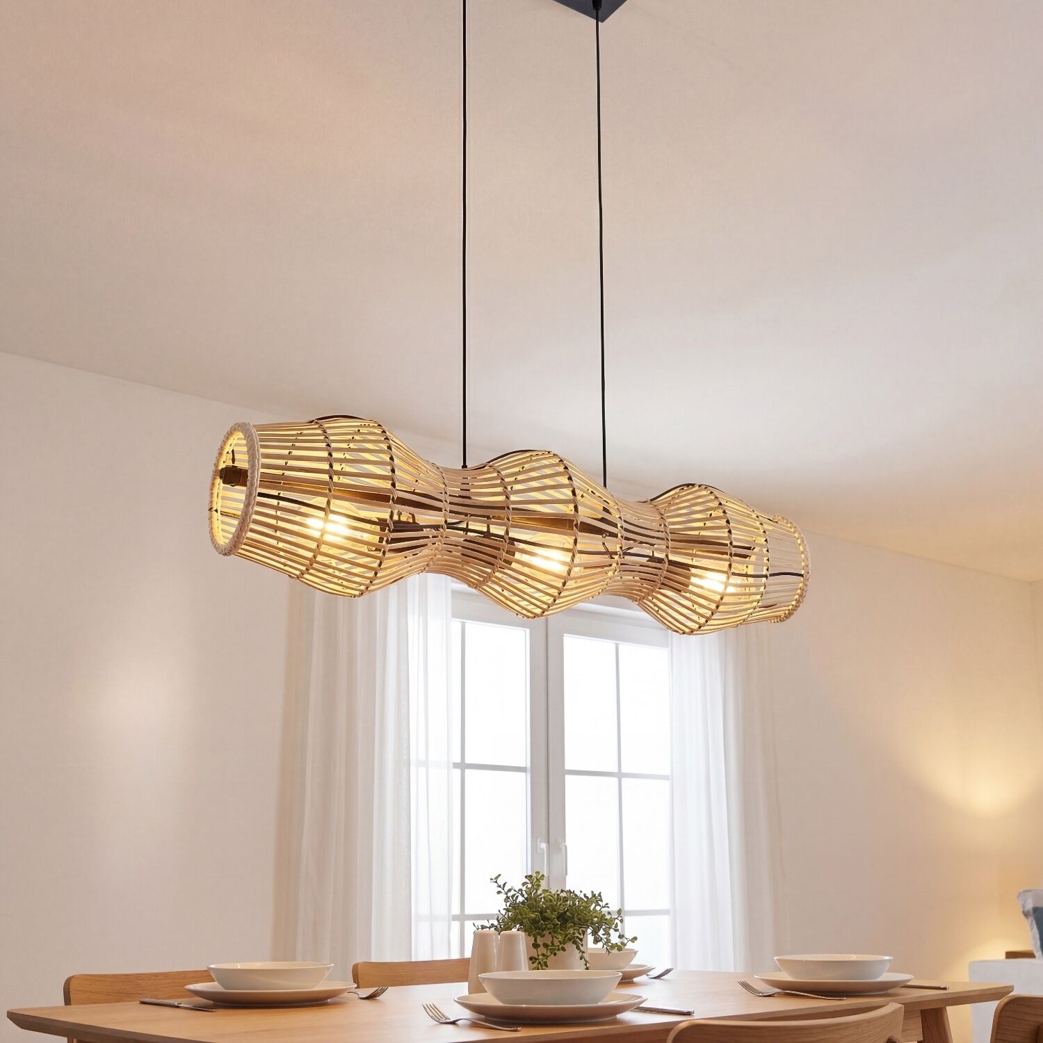 Hängelampe Bambus Natur E27 80 cm 3-flmg Skandinavisch Pendelleuchte, Holzlampe, Wandleuchte, hängende Leuchte, Spiral-Design