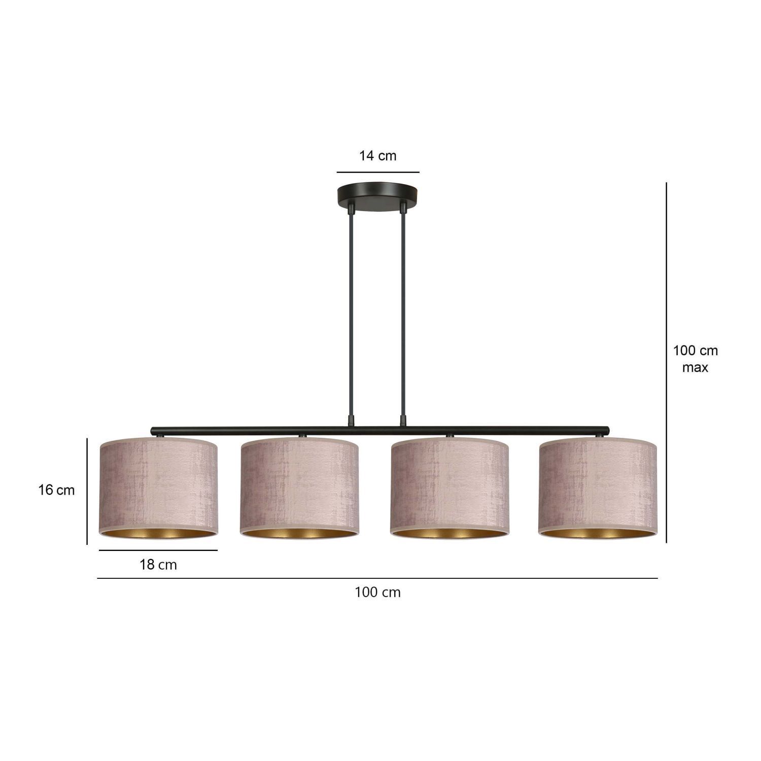 Lampe à suspendre 4 flammes L : 97 cm Métal Tissu Rose Or E27