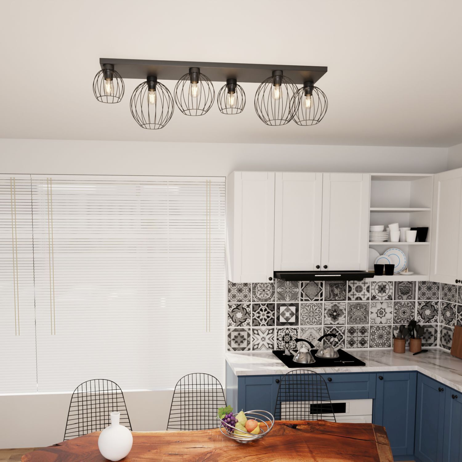 Deckenleuchte Schwarz Draht E27 6-flammig 115 cm Retro kitchen, pendant light, grid lamps, tile backsplash, table