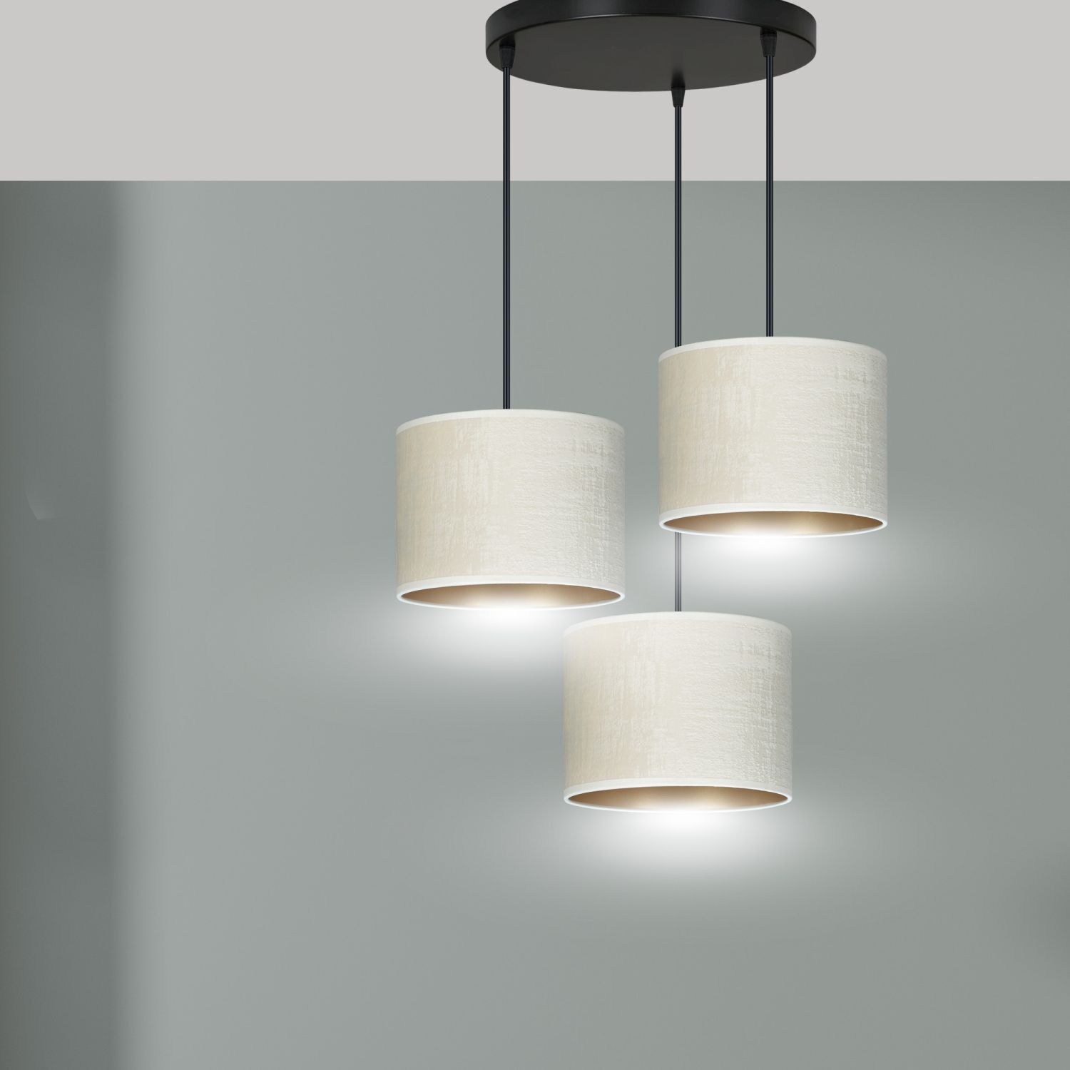 Suspension Blanc Or Noir Métal Tissu E27 3 flammes