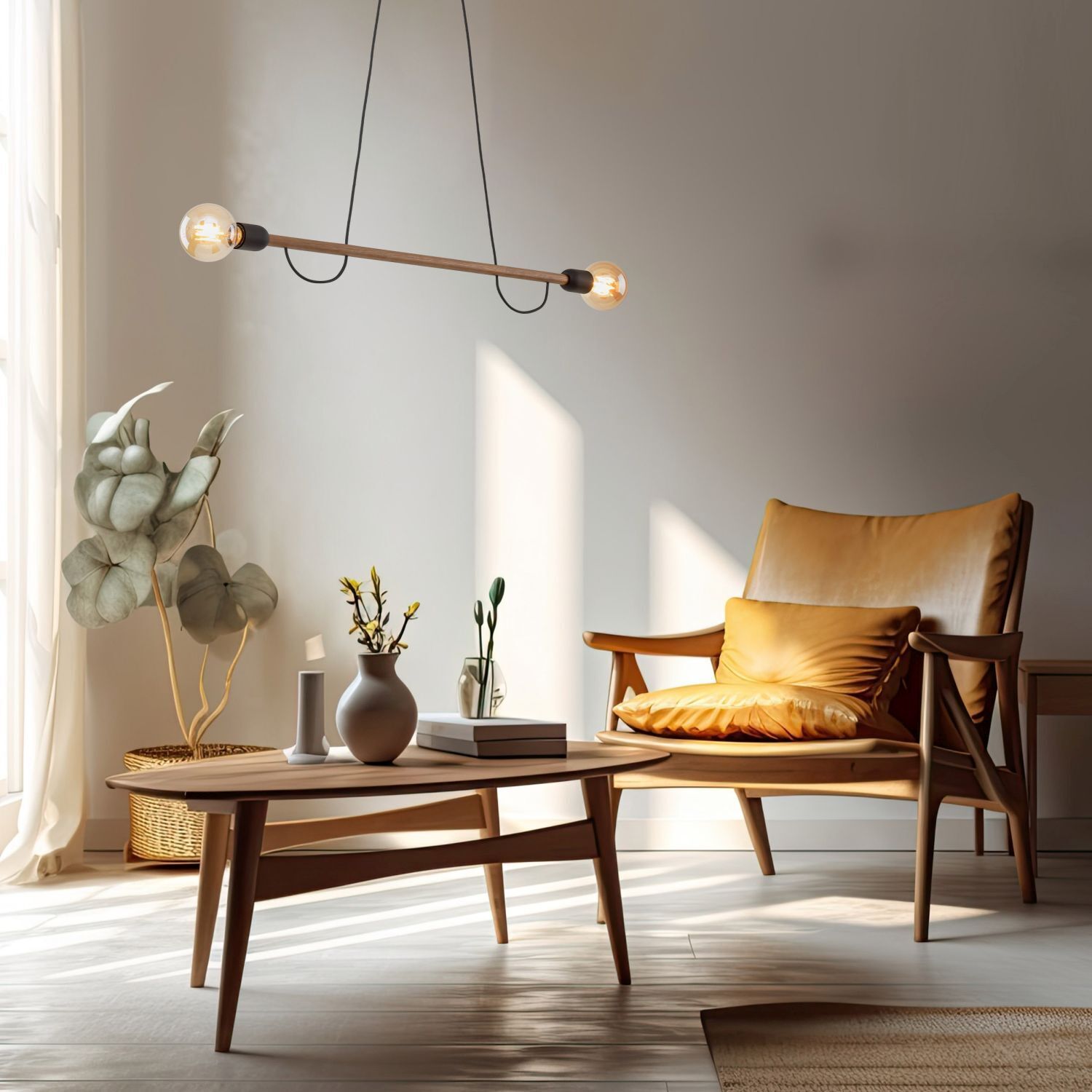 Hängelampe Holz Metall 93 cm lang H: max. 160 cm 2x E27 Lampe, Dekoration für Zuhause, Mobiliar, Tabelle, Stuhl