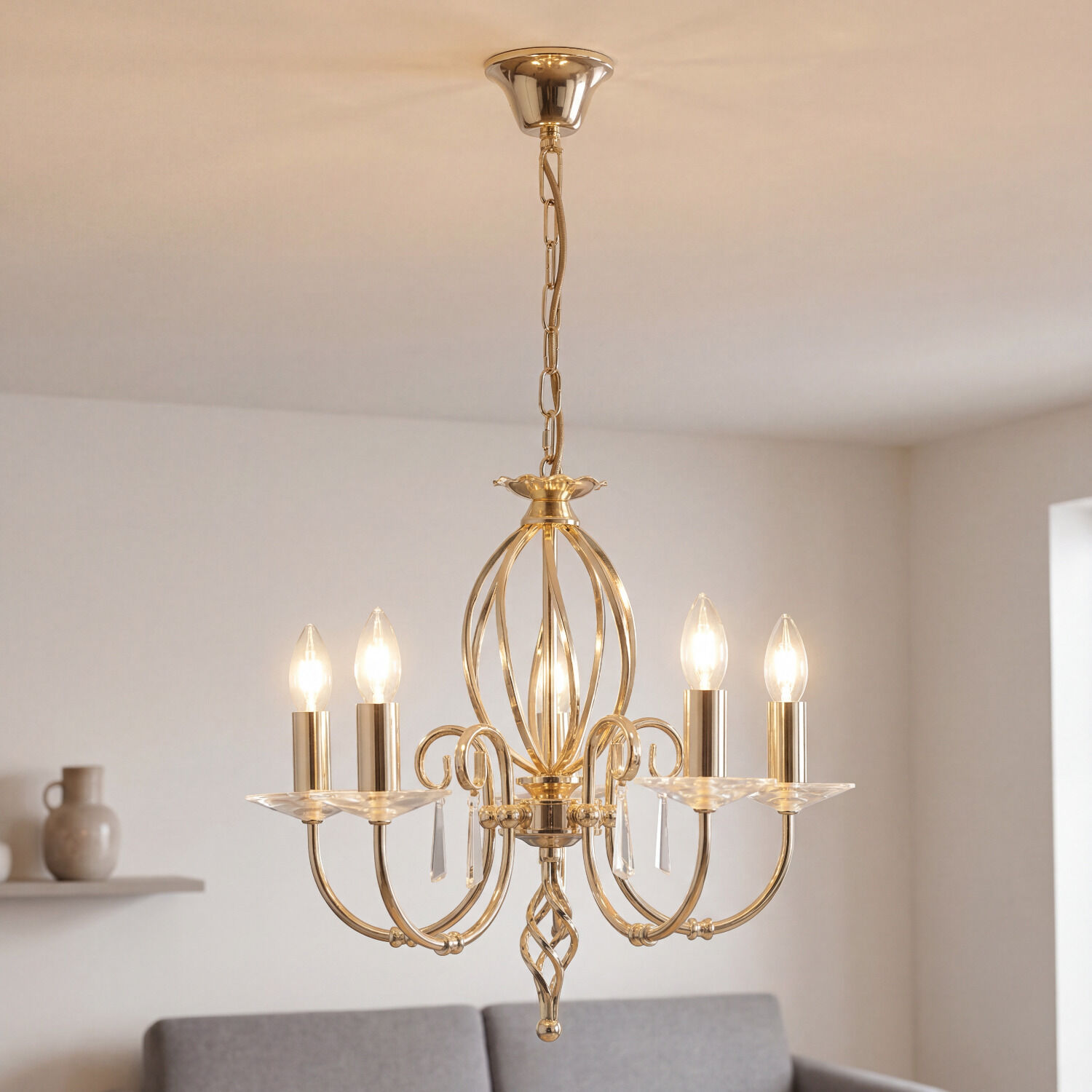 haengeleuchte-pendelleuchte-haengelampe-candela-5-flammig-messing-poliert-klassisch-08 Kronleuchter, Chandelier, Metall, Gold, Kerzenlicht