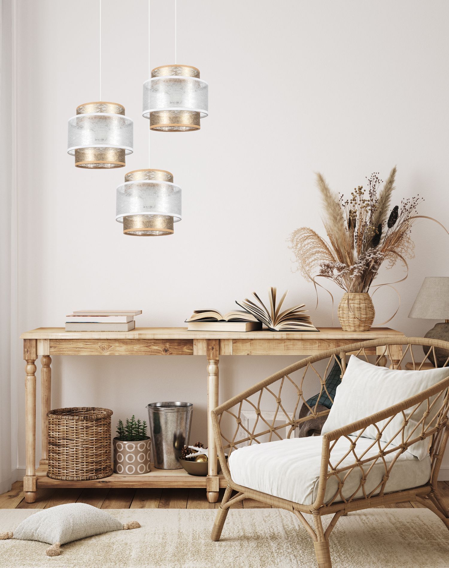 Blendarme Lampe à suspendre Abat-jour en tissu blanc or E27 L:38 cm
