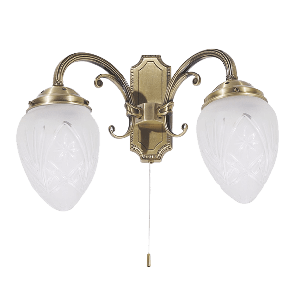 Wandlampe, zwei Lichter, Glaslampe, Brünierte Goldtöne, Dekorative Wandlampe