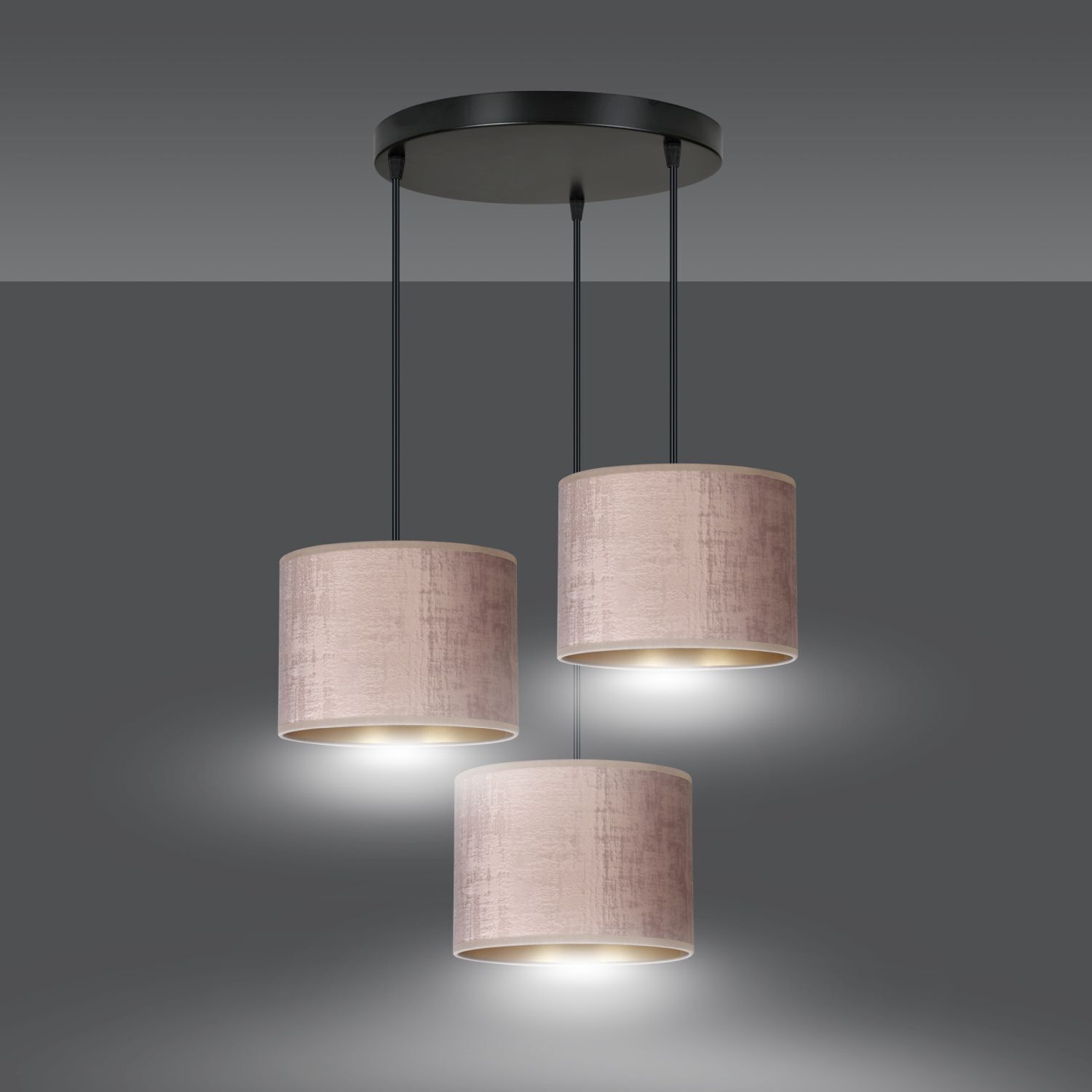 Suspension tissu métal noir rose or 3 flammes E27