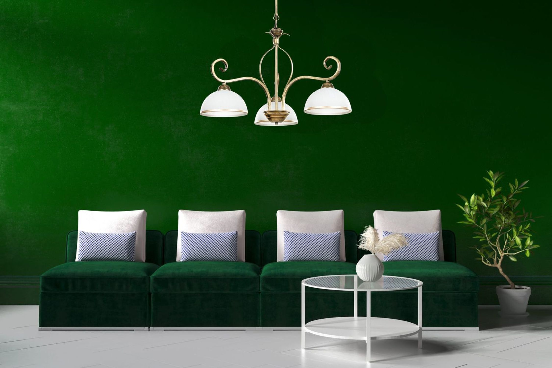 Plafonnier Or Antique Blanc Abat-jour en verre 3 flammes Couch, Wohnzimmer, Kissen, Dekoration für Zuhause, Innenarchitektur