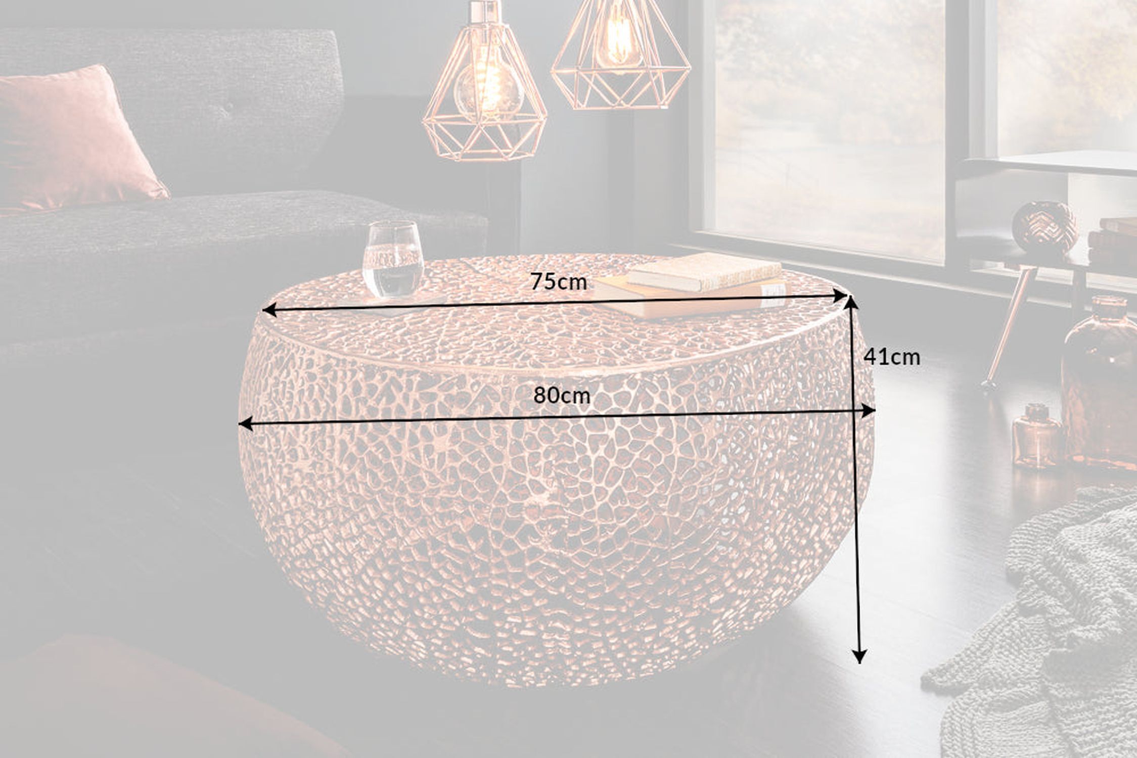 Couchtisch Metall in Kupfer 80 x 80 cm Handarbeit Moebel, Tabelle, Kaffeetisch, Tischplatte, Lampe