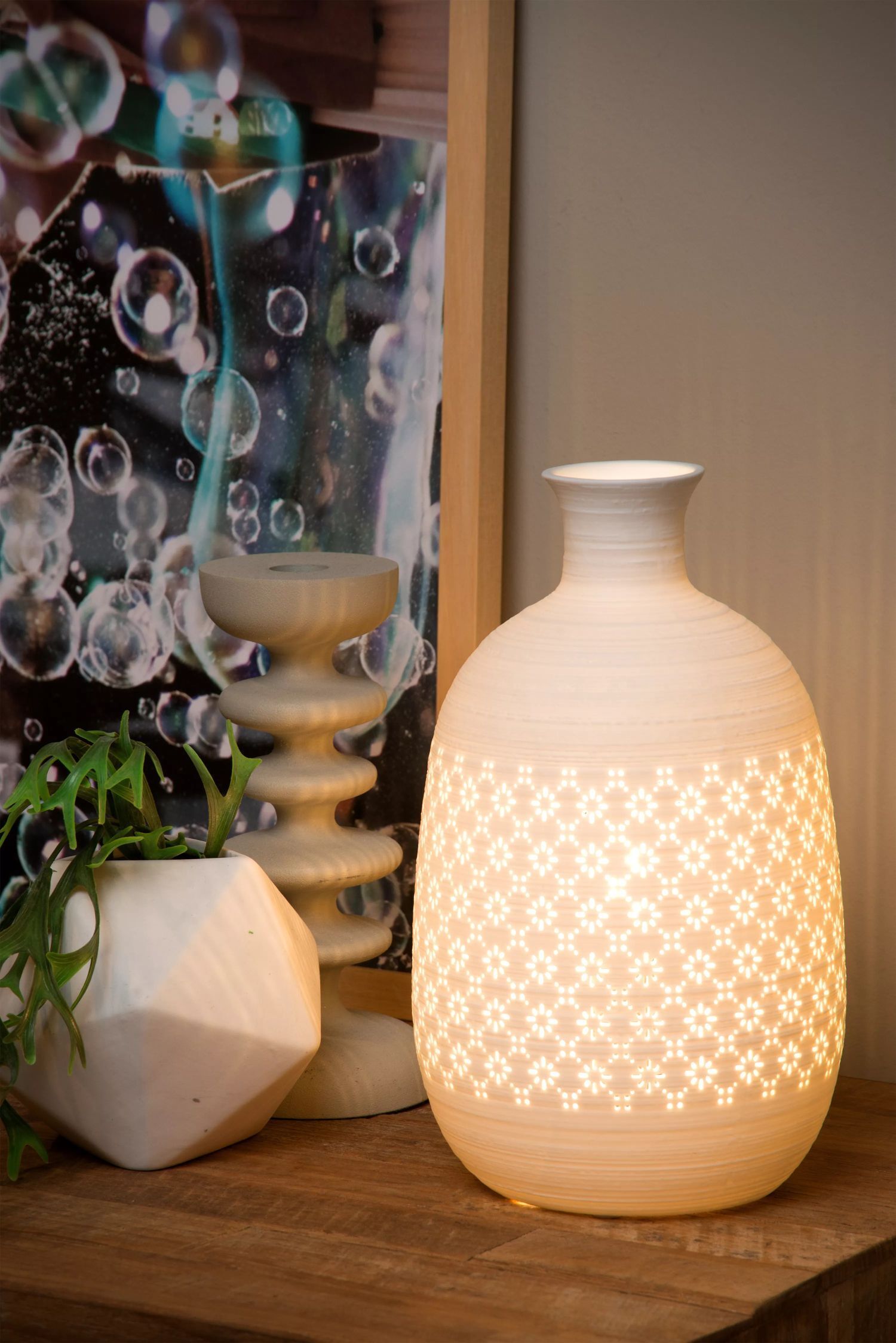 Tischleuchte Porzellan Weiß Ø15,4 cm rund E14 26,3 cm Pflanze, Lampe