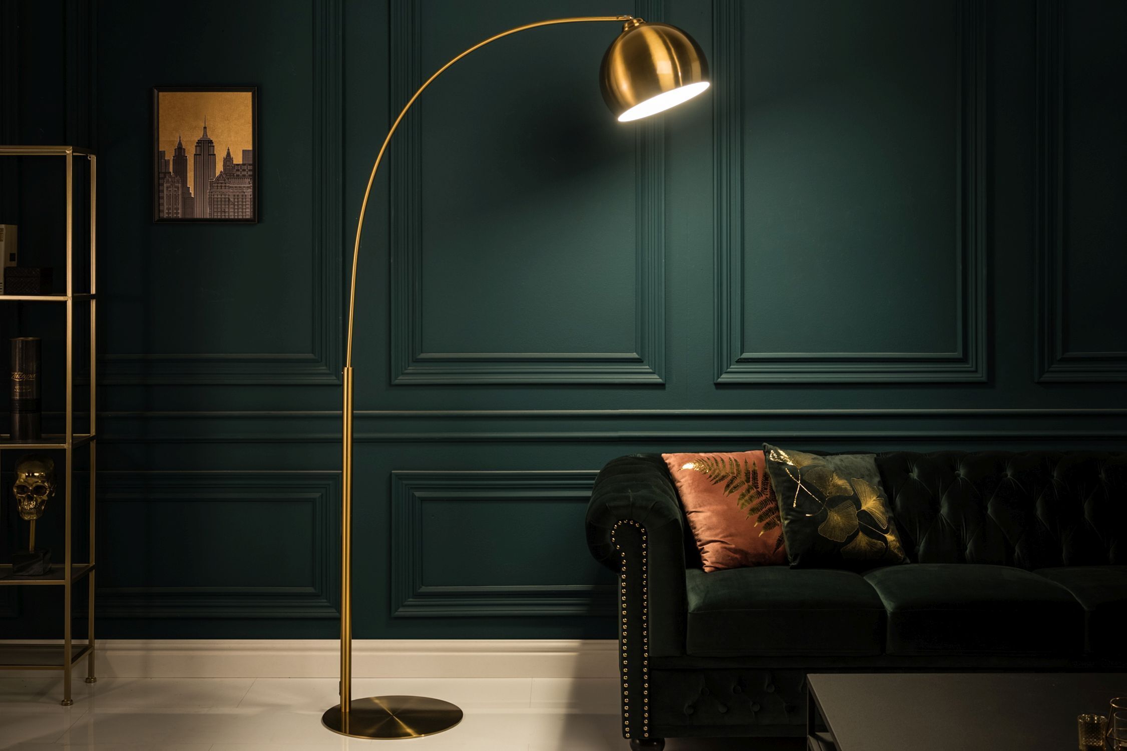 XXL lampe à arc métal 205 cm E27 élégante rétro en or