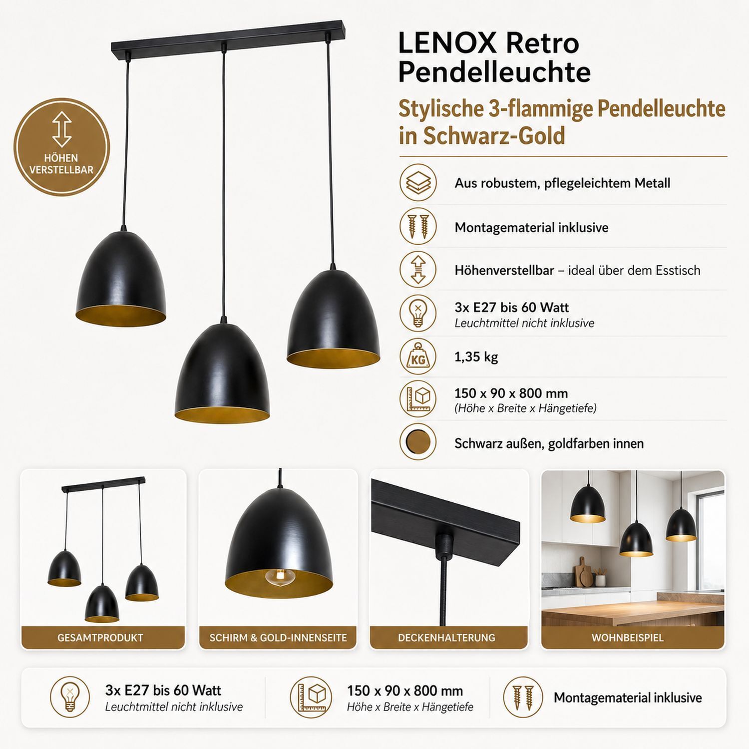 Suspension noir or 3 flammes E27 orientable Pendelleuchte, Schwarz-Gold, 3-flammig, E27, Höhenverstellbar