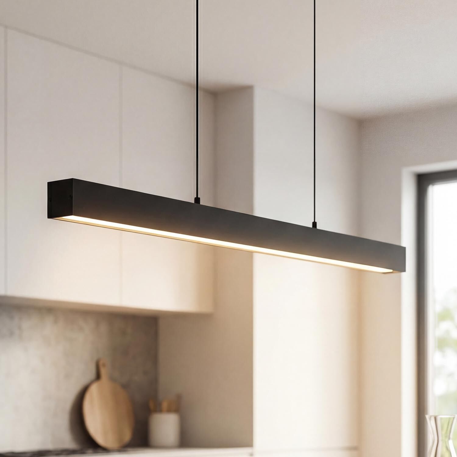 pendant light, linear lamp, black bar, LED lighting, Küchenleuchte