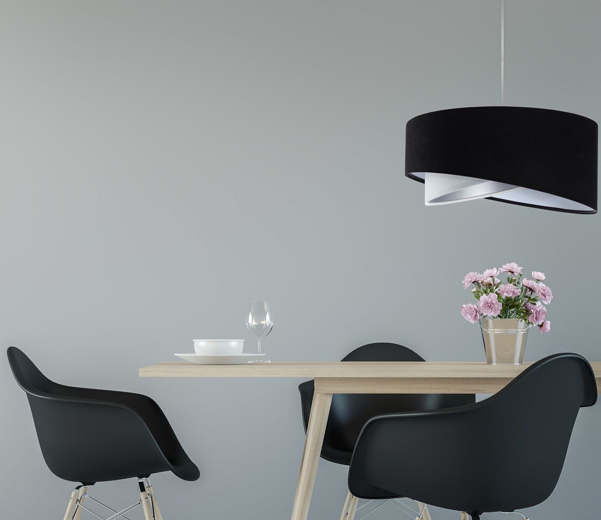 Suspension E27 ronde D : 50 cm Tissu Noir Argent Blanc Esstisch, Tisch, Innenarchitektur, Esszimmer, Lampe