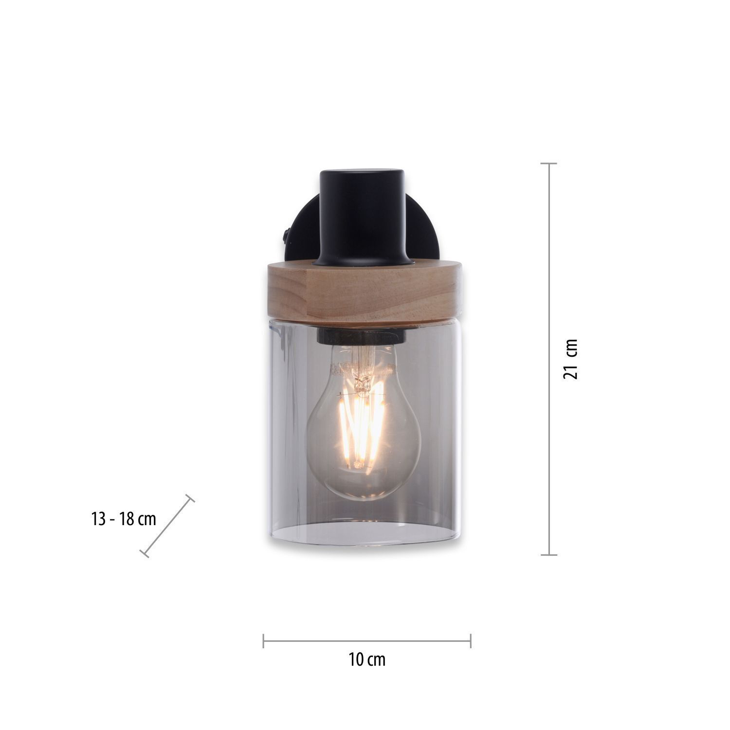 Wandstrahler Rauchglas Holz E27 T:19 cm verstellbar Licht, Leuchte
