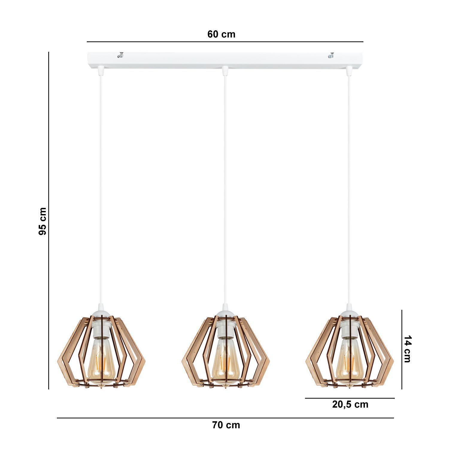 Suspension Scandinave Bois Métal Blanc E27 3-flmg Leuchte, Kronleuchter, Lampe