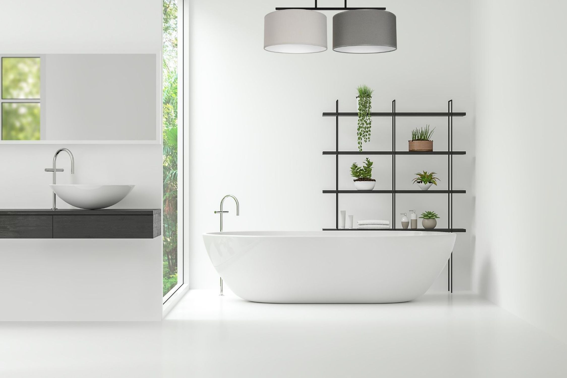 Gemütliche Deckenlampe Stoff Grau Graphit E27 L:70 cm Badewanne, Freistehende Badewanne, Skandi-Badzimmer, Waschtisch, Pflanzenregal