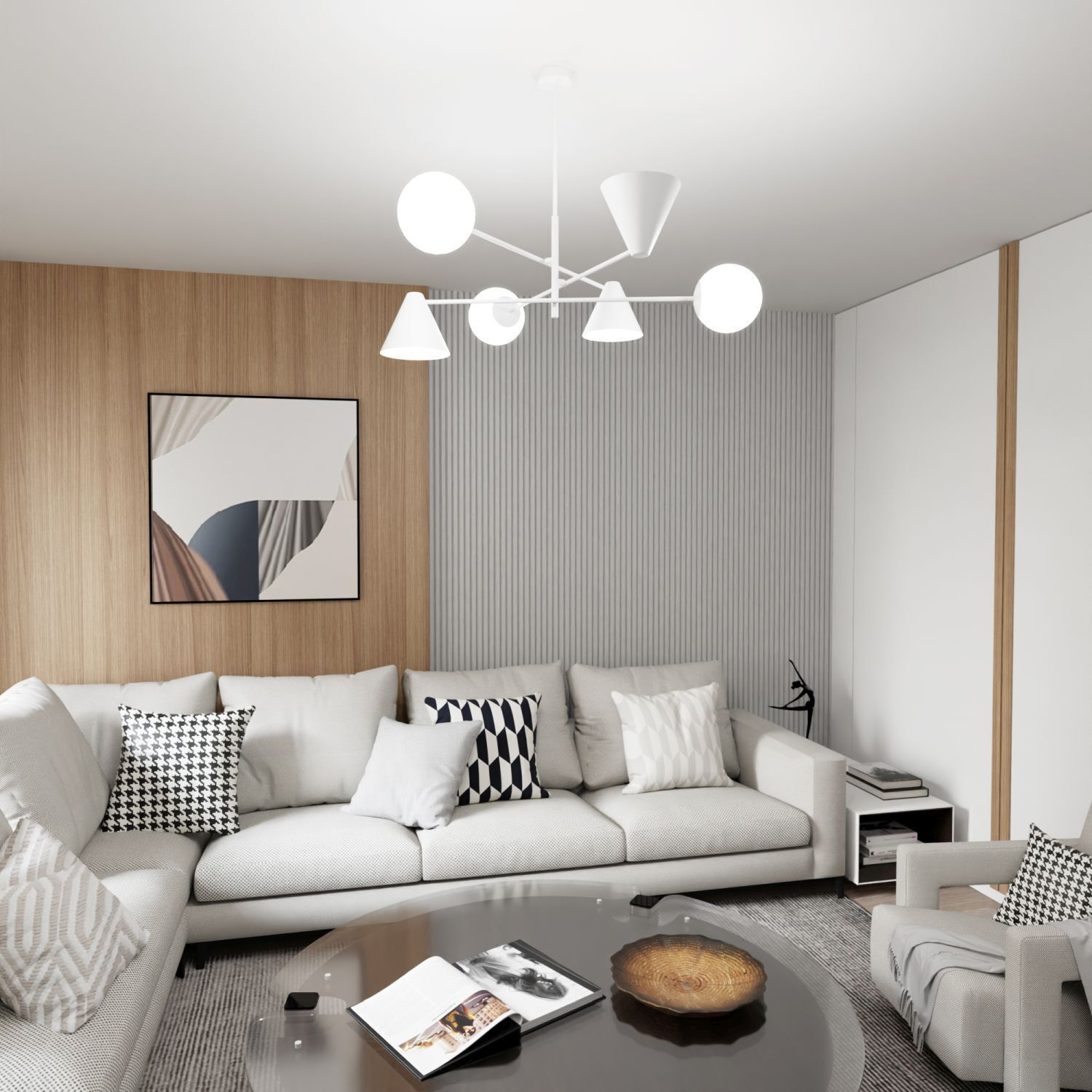 Lampe de plafond verre métal E14 L:86 cm blanc 6-flmg Moderne