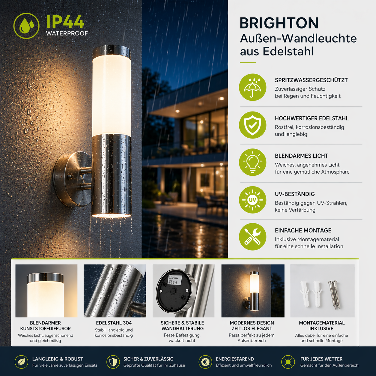 Außenleuchte, Wandlampe, Edelstahl, IP44, Splashproof