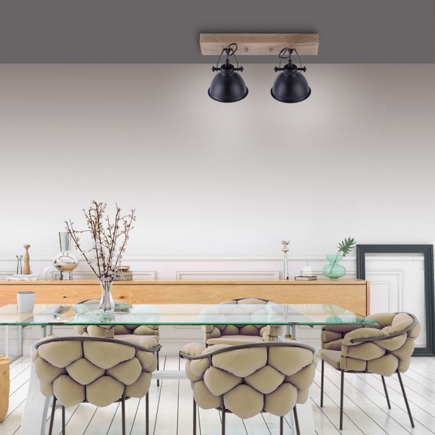 Spot de plafond flexible bois métal E14 noir industriel Speisesaal, Esstisch, Mobiliar, Tabelle, Innenarchitektur