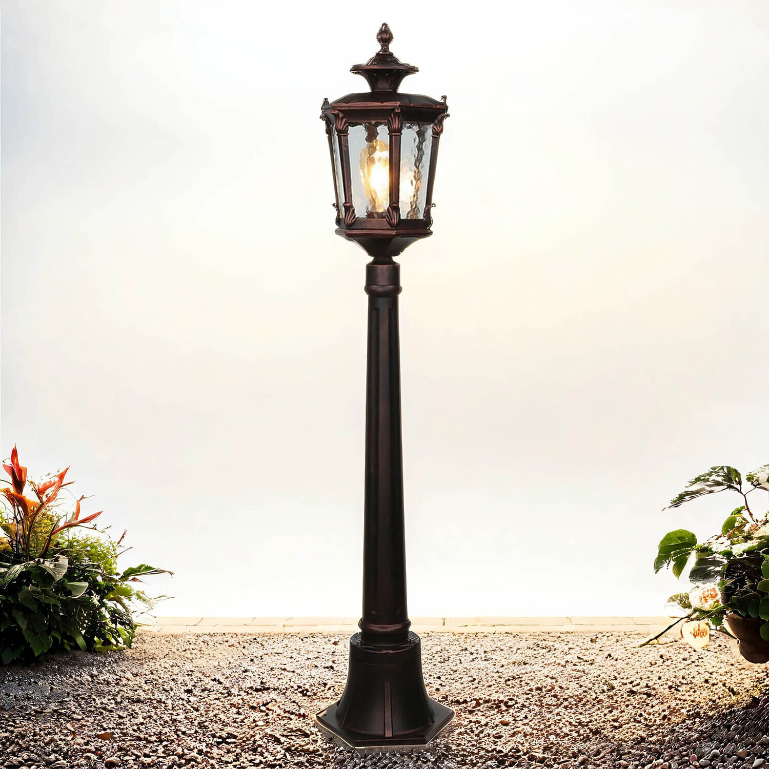 Lampadaire extérieur bronze antique ornement verre E27 AMUR Lampe, Laternenpfahl