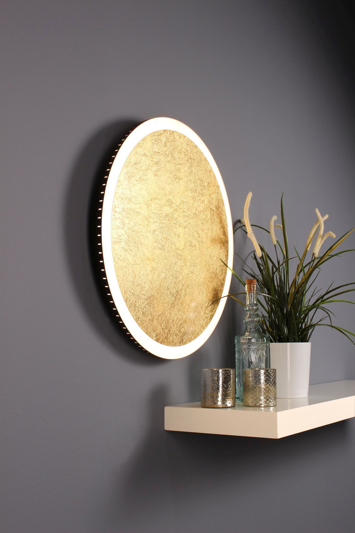 LED Wandleuchte Gold Schwarz rund Ø50 cm 3500 K dimmbar runderer spiegel, wandspiegel, LED runder spiegel, goldener spiegelscheibe, wohnaccessoire