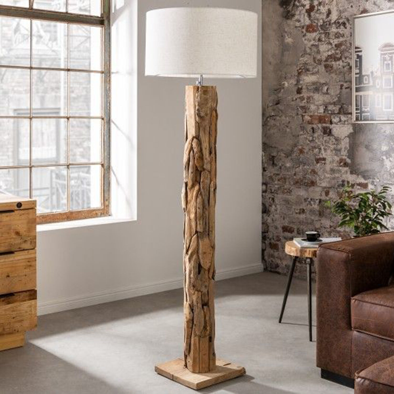 Lampadaire 160 cm Moderne Teck Bois flotté Tissu E27