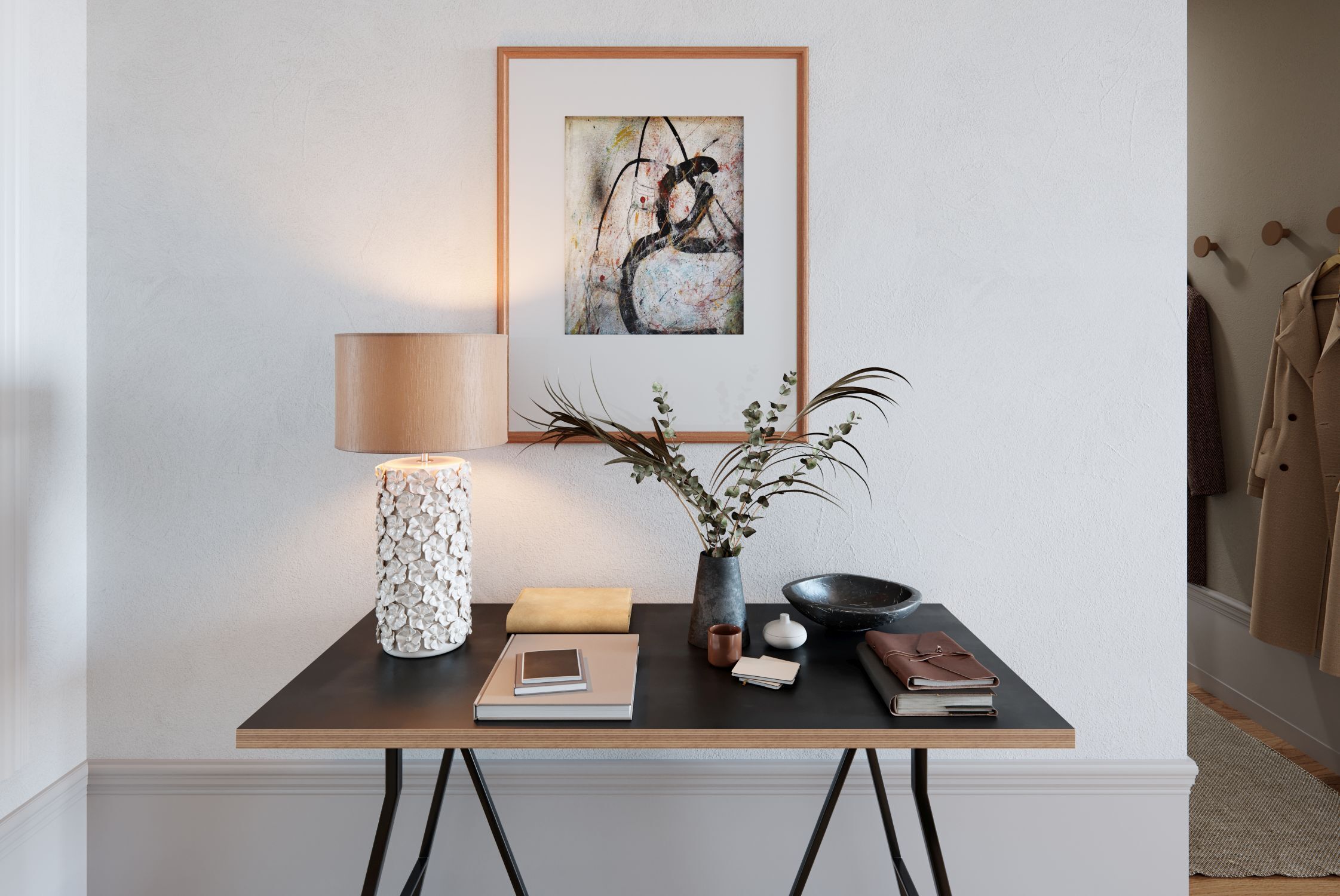 Lampe de table céramique tissu 54,5 cm de haut Beige E27 Floral Moebel, Tabelle, Innenarchitektur, Schreibtisch, Lampe