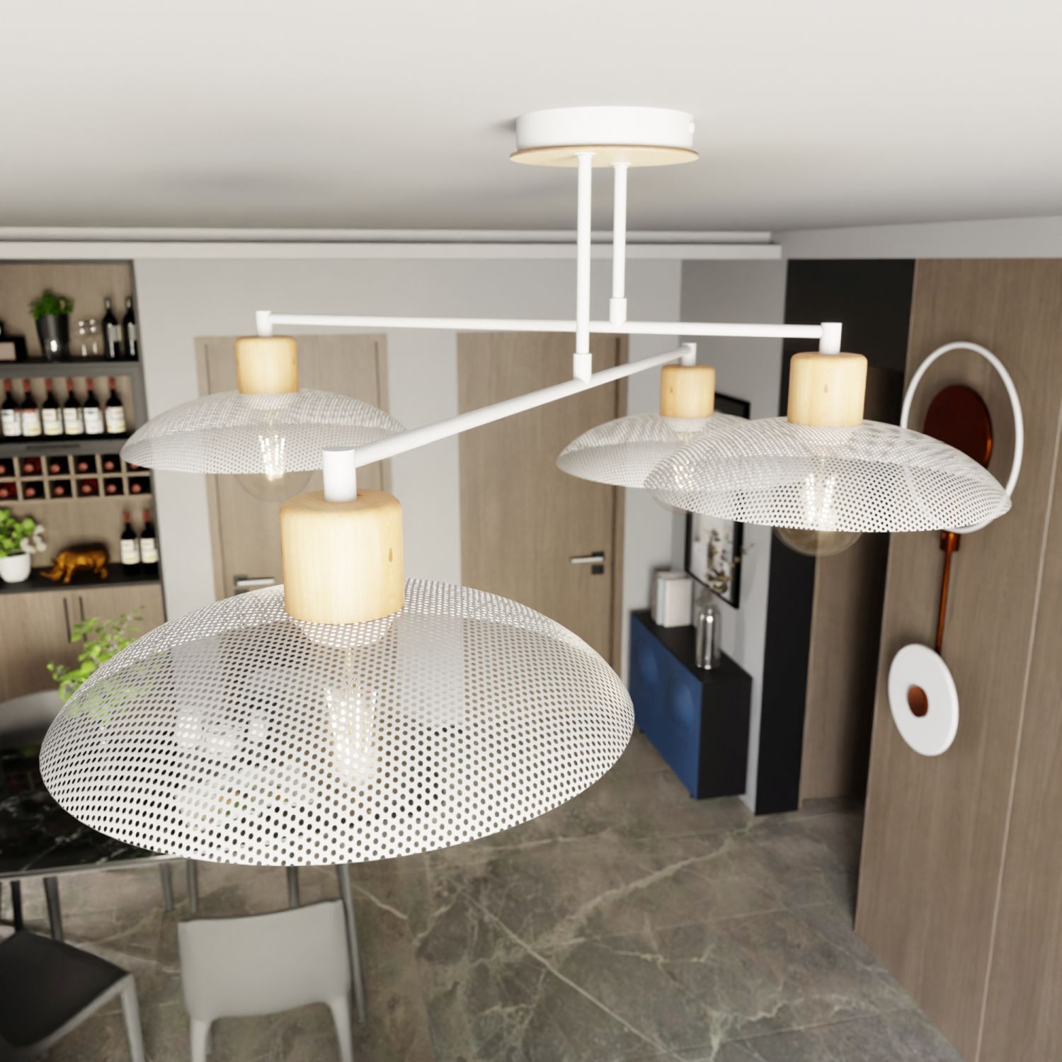 Deckenleuchte Weiß Holzoptik 100 cm groß Metall E27 4-flammig Tabelle, Tischplatte, Lampe, Kronleuchter, Fußboden