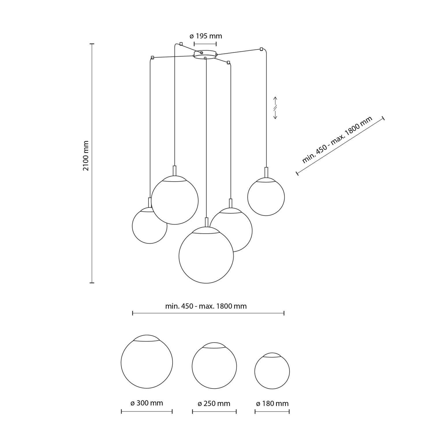 Suspension réglable L : max. 4 m verre métal 5x E27