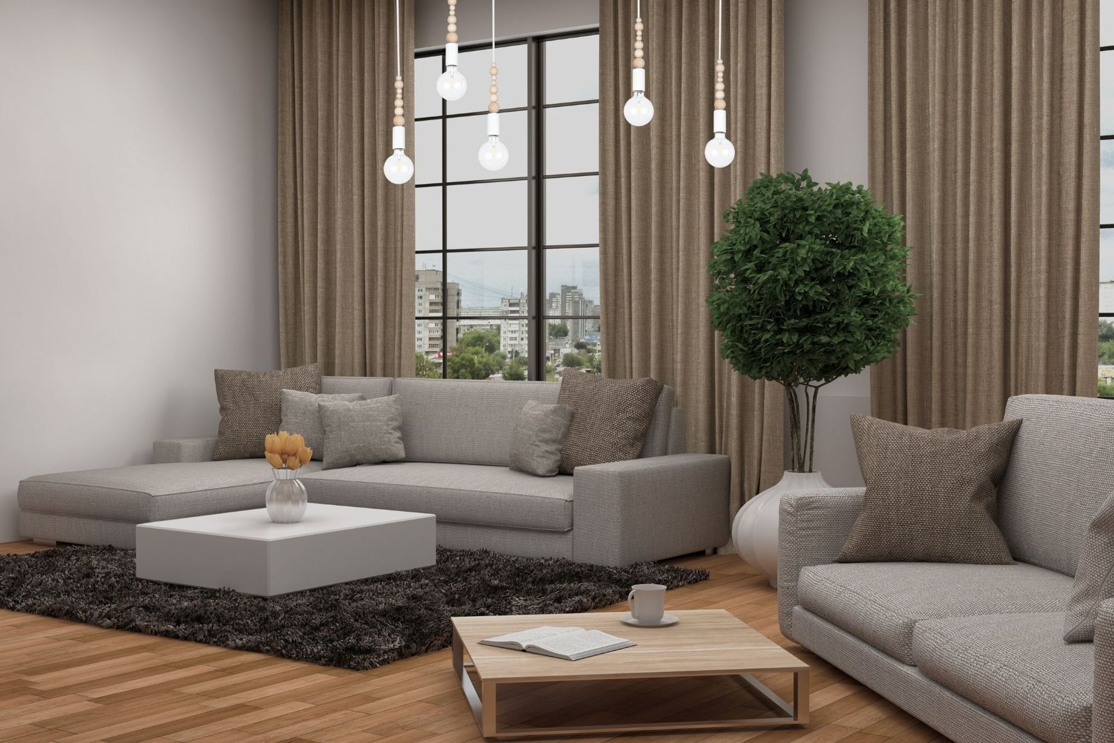 Große Spider Pendelleuchte Holz Metall E27 5-flmg Weiß sofa, wohnzimmer, vorhänge, pflanze, kaffetisch