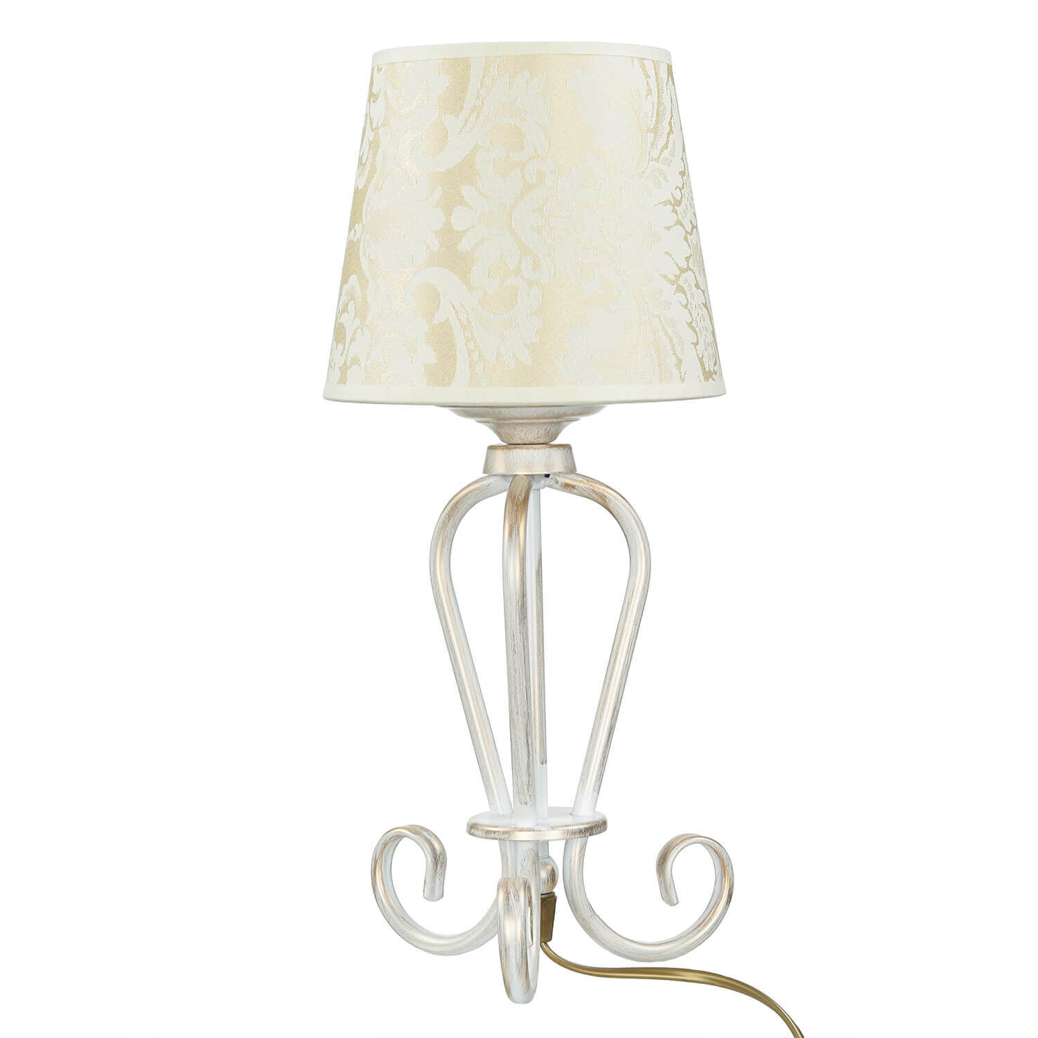 Lampe de chevet shabby or blanc tissu abat-jour 45cm