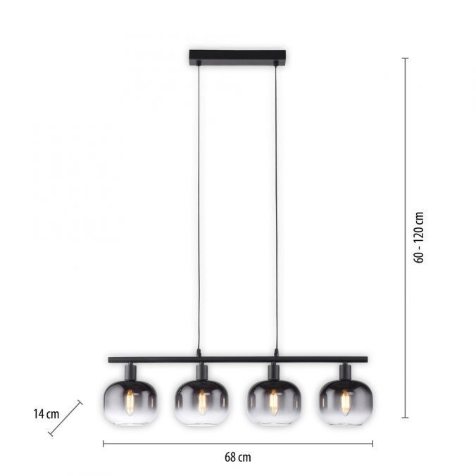 Suspension verre métal gris fumé noir E14 L:68 cm