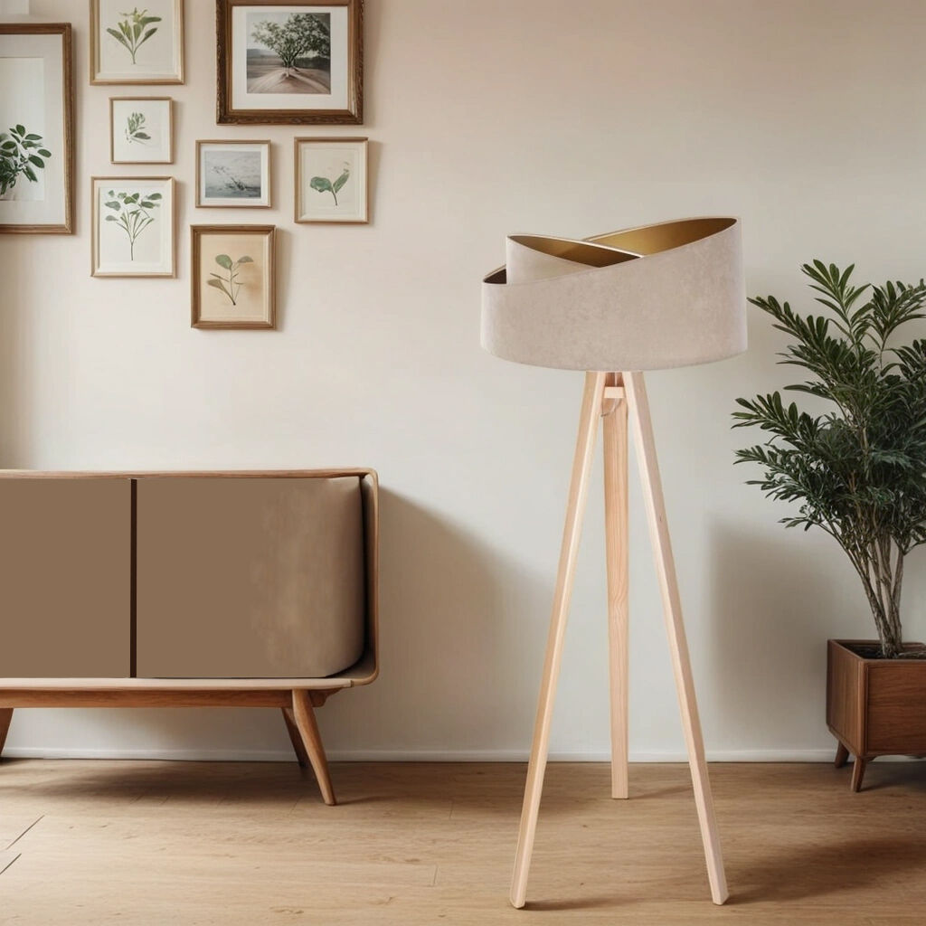 Lampadaire MANDAN Beige Or Tripode 145cm Salon Lampe, Stehlampe