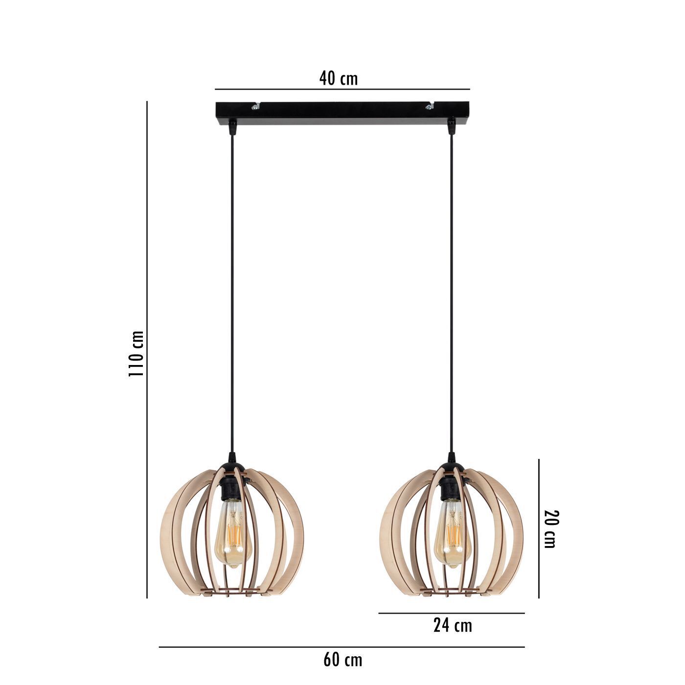 Lampe à suspendre allongée bois métal E27 2 flammes L:60 cm