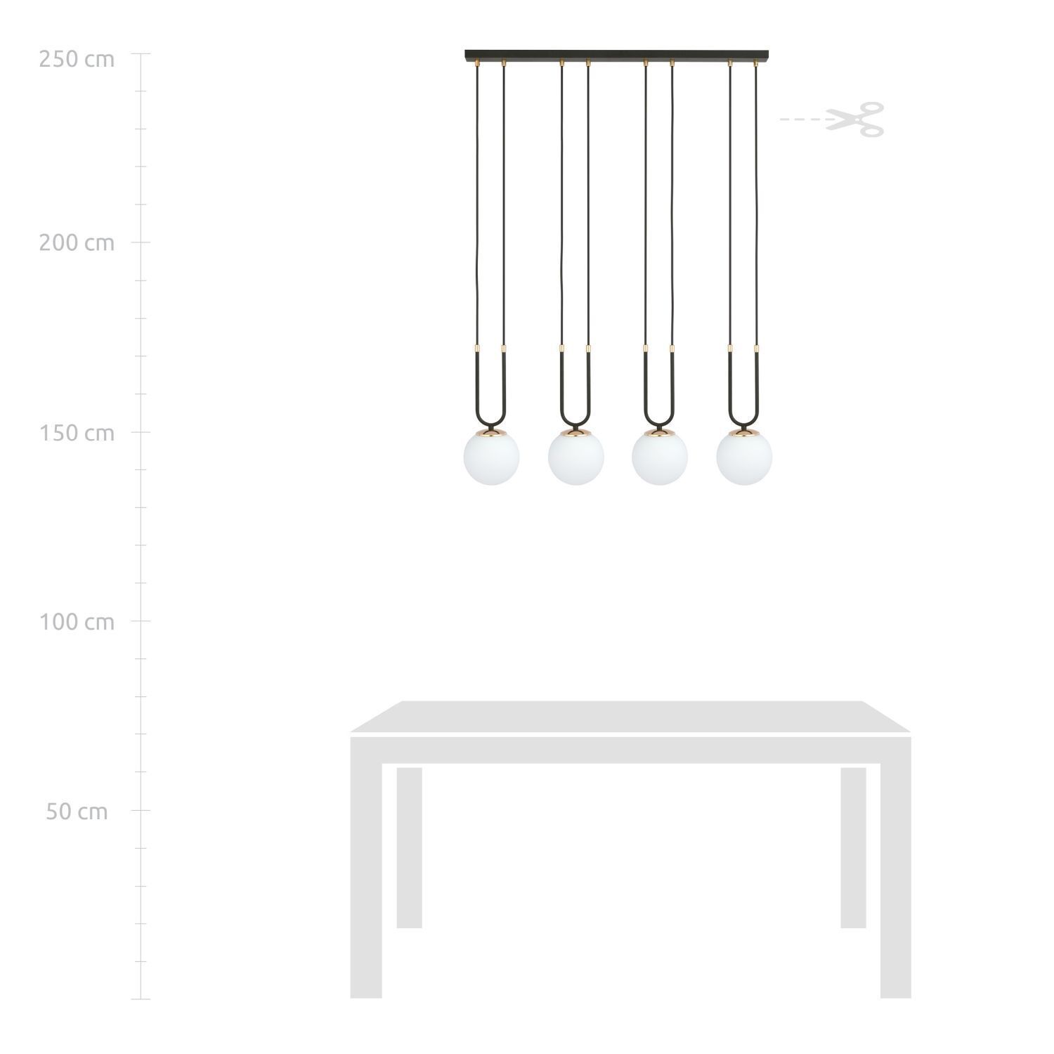 Suspension verre métal L : 92 cm noir blanc E14 4 flammes