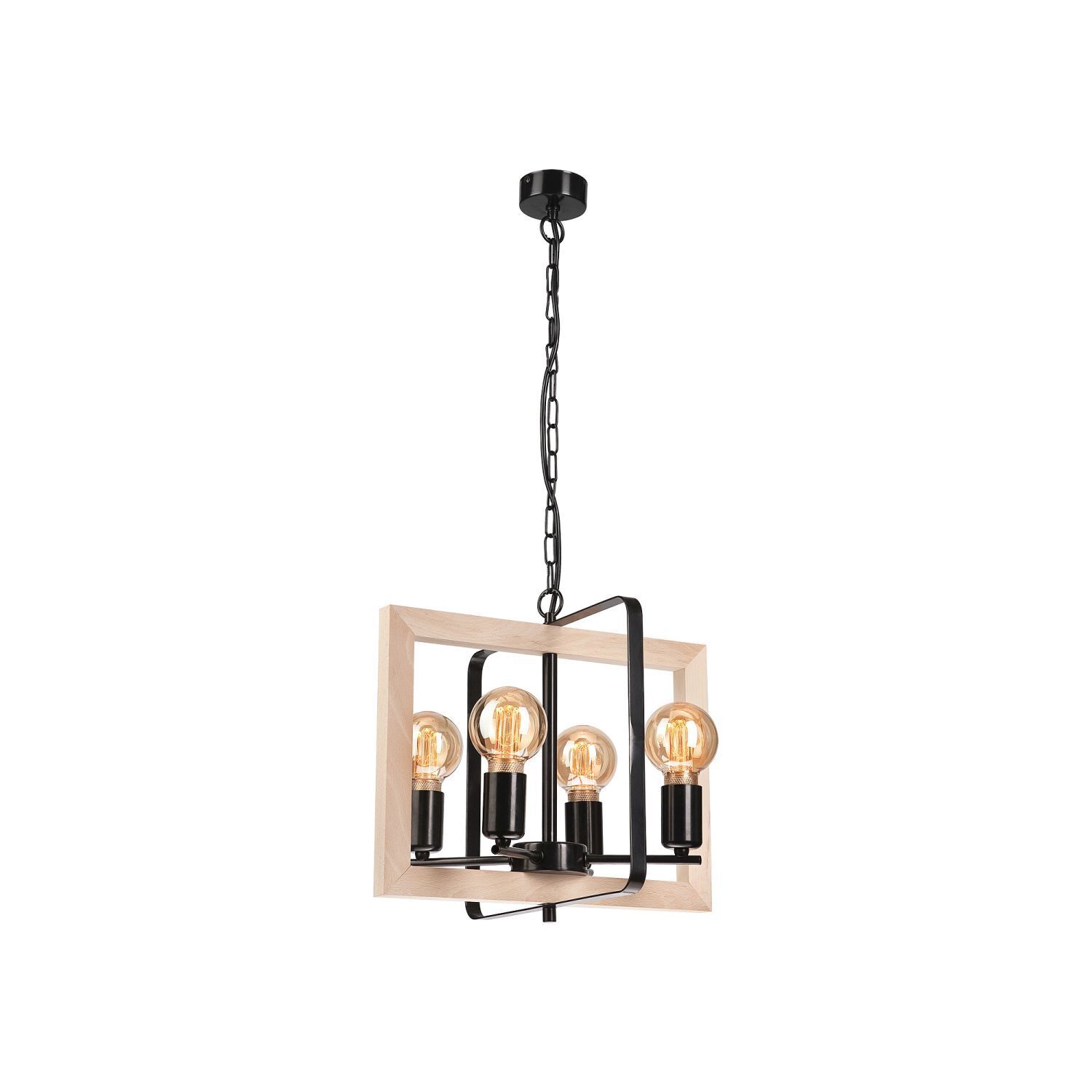 Suspension Noir Naturel Bois Métal Rustique 4-flamme E27