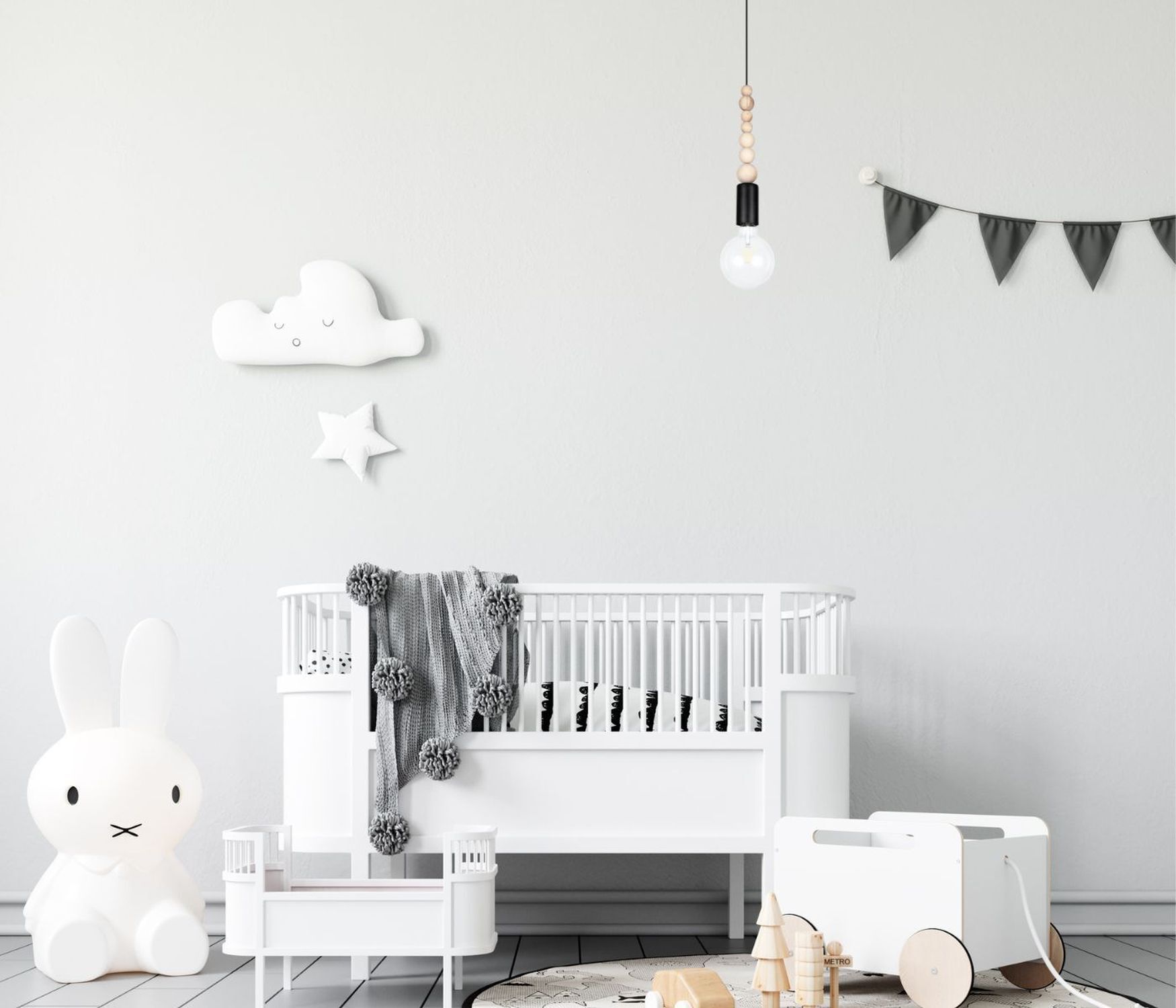 Hängelampe Holz Metall Schwarz E27 Ø10 cm rund wohnlich babybett, kinderzimmer, grau-weiß, spielzeug, mobiles