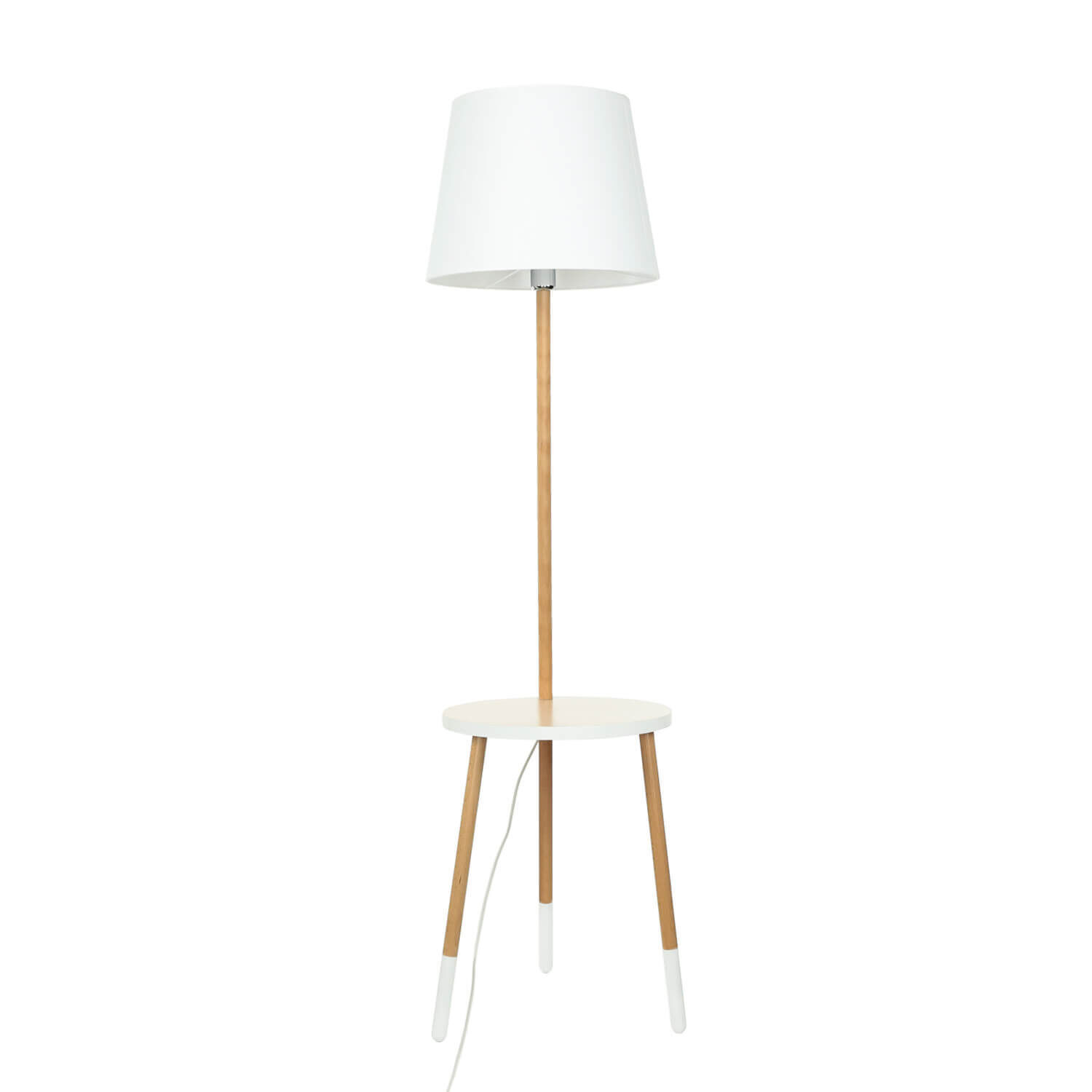 Lampadaire tripode LAMA bois tissu blanc avec tablette